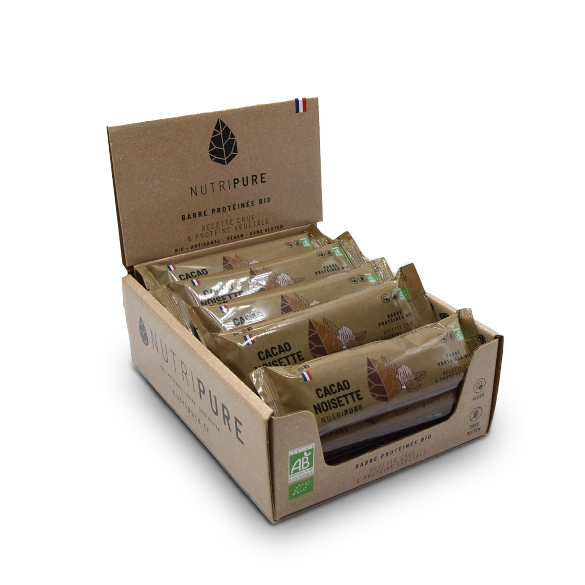 Nutripure | Raw Barre Bio | Barre Protéinée Cacao Noisette | Vegan et Bio | Riche en Dattes, Beurre de Cacao et Fruits Secs | Snack Sain et Gourmand Sans Conservateur | Pack de 20 | Fabriqué en France