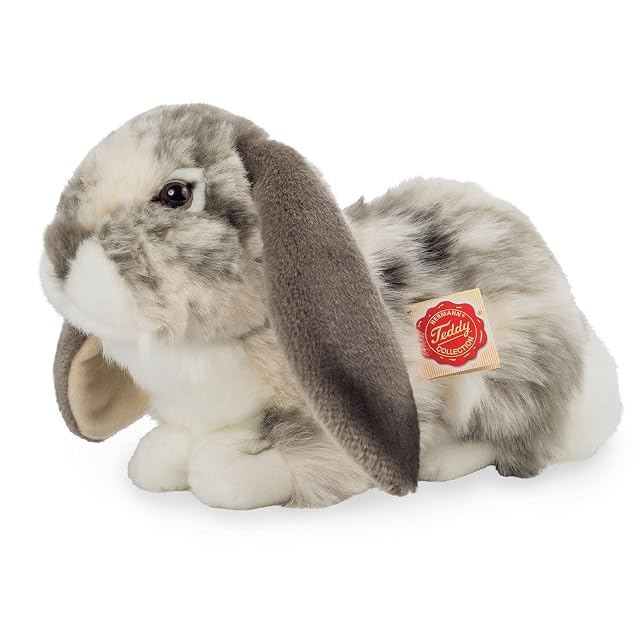 Teddy Hermann 93797 Conejo belier Tumbado Gris y Blanco 30 cm, Peluche