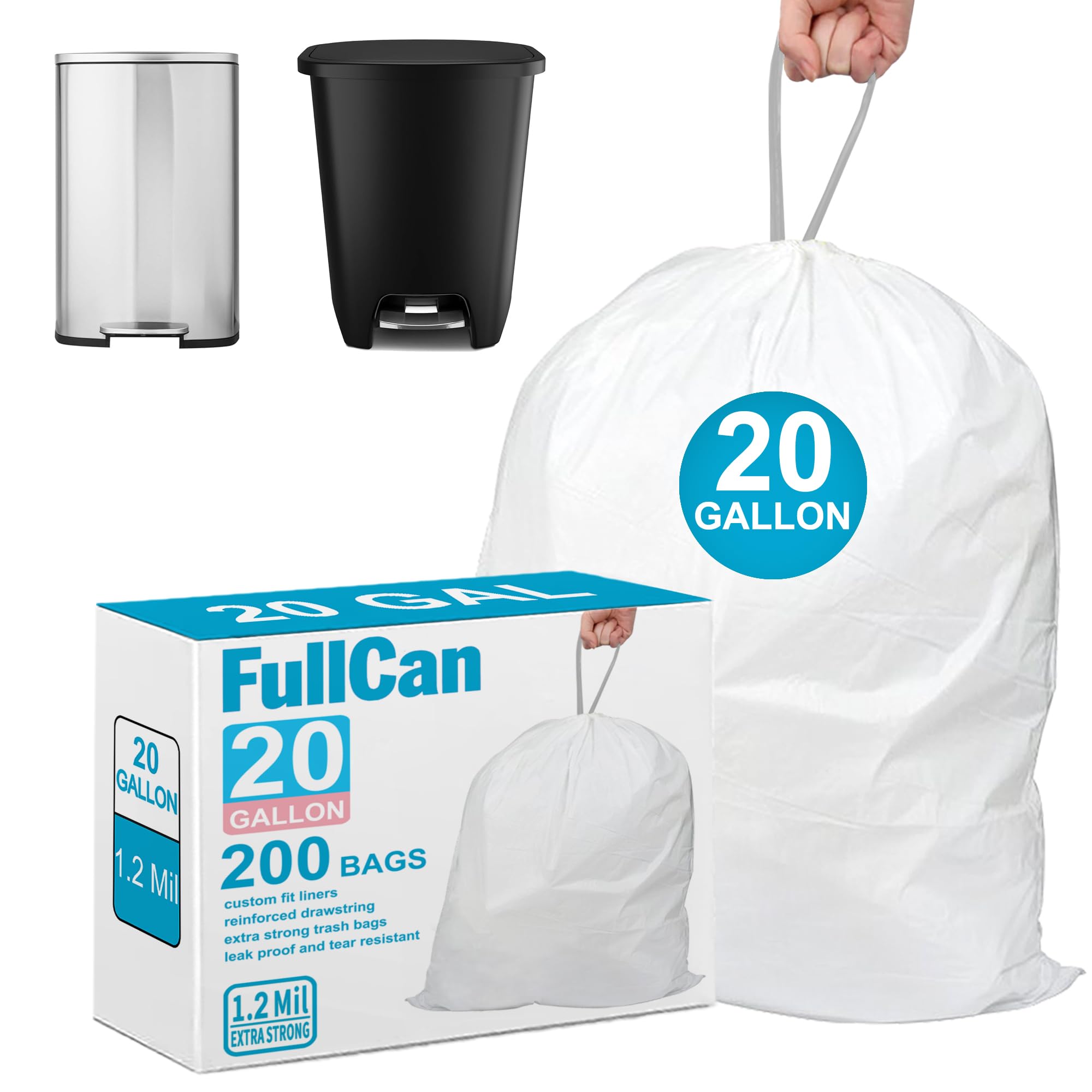 20 Gallon 200 Count Trash Bags Compatible with Glad 20 Gallon Trash Can 1.2 Mil THICK White with Reinforced Drawstring Tear-Resistant GRAND SAVE!