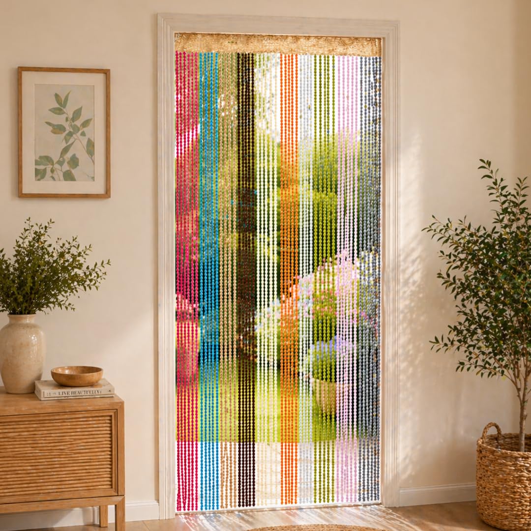 Doorway Curtain with Spiral Tassels & Tension Rod, Fly Insect Screen Curtain, Multicolour String Door Curtain, Walk Through Divider, 90 x 200 cm
