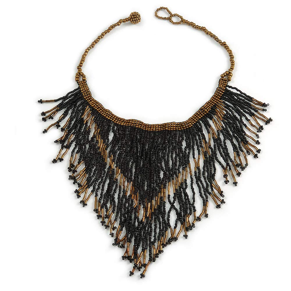 Collana Bavaglino Con Perline In Vetro E Frange – Azzurro E Bronzo, Lunghezza 40 Cm – Avalaya Artigianale