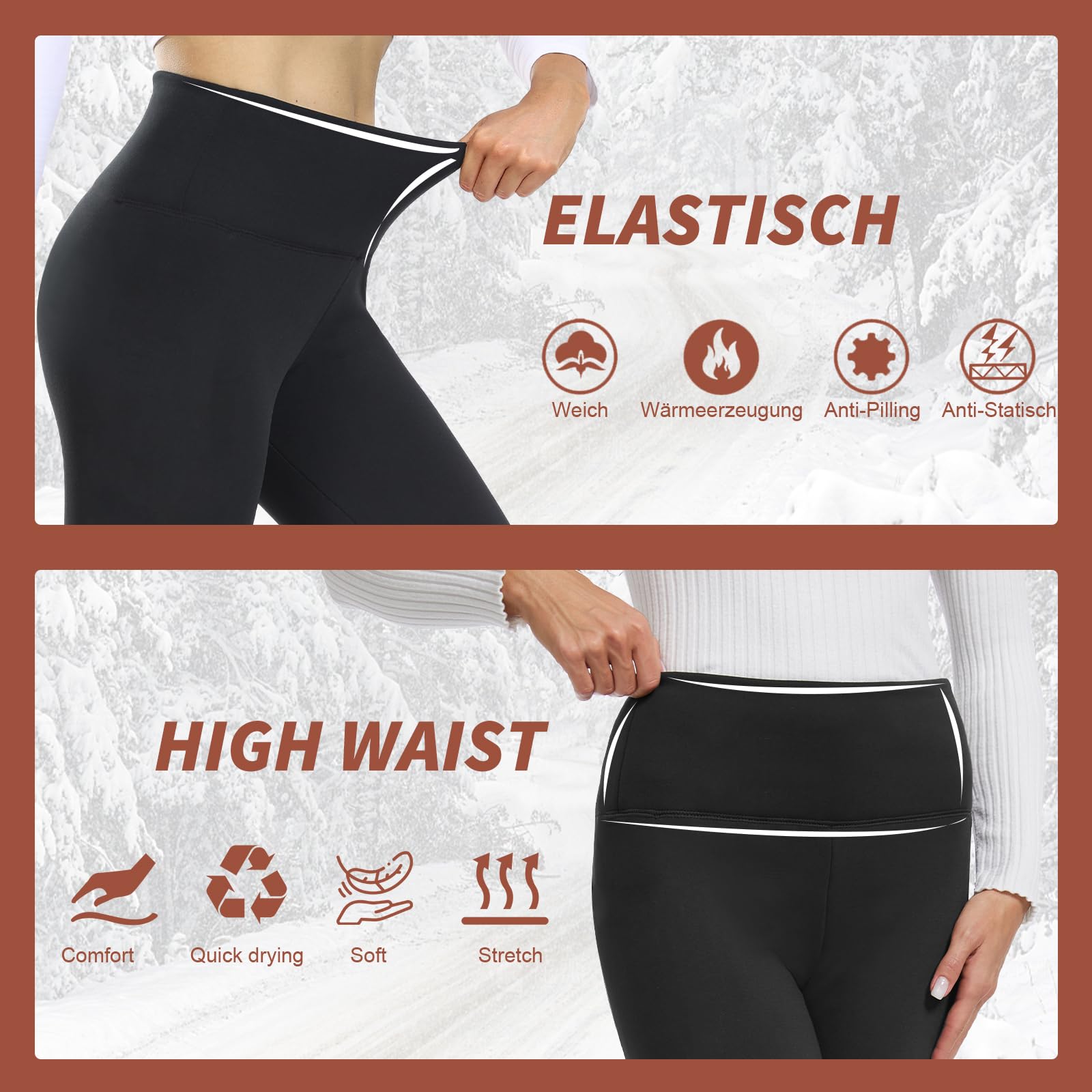 HIPOWER Pack de 3 leggings térmicos para mujer con bolsillos, con forro, de cintura alta, forro polar, cálidos, opacos, negros, ropa interior térmica, para correr, yoga