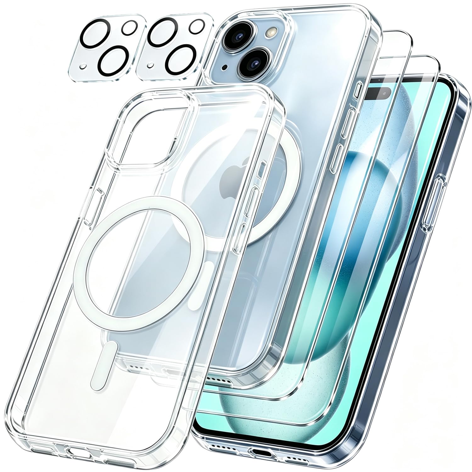 Cover per iPhone 15 Compatibile con 2 vetri temperati e 2 vetri per fotocamera, Trasparente TPU Bumper Shockproof Compatible Magnetic Cover per iPhone 15 - Trasparente