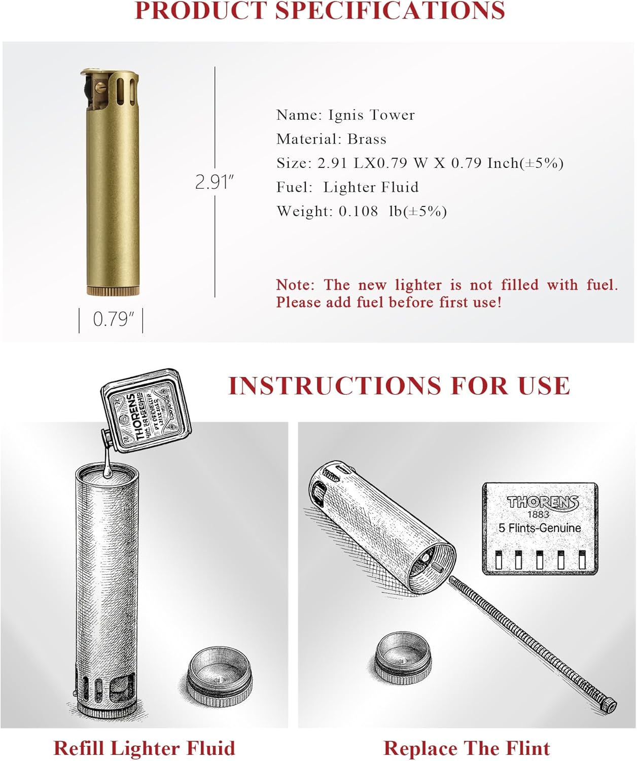 Unique Vintage Windproof Trench Kerosene Cigar Lighter,Soft-Flame, Refillable,Outdoor,Compact and Portable,Double-Flame Jet,Copper,Gift Packaging,Gift for Men, Thorens One Press Ignition​