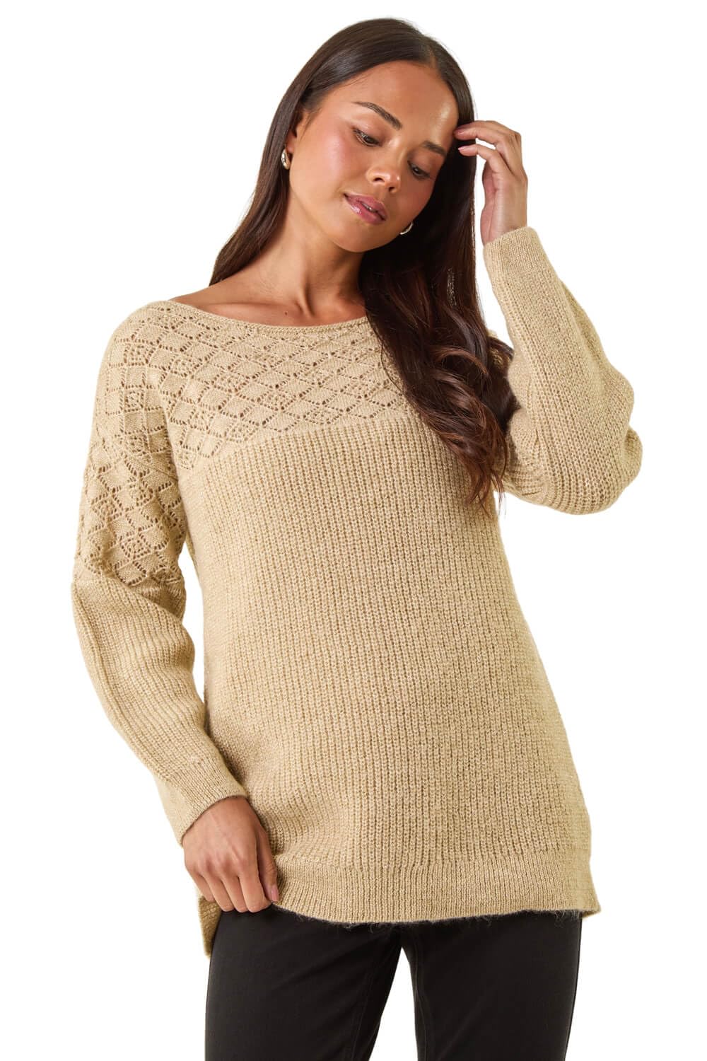 Roman Women's Stone Petite Metallic Contrast Knit Jumper In | : Size 14