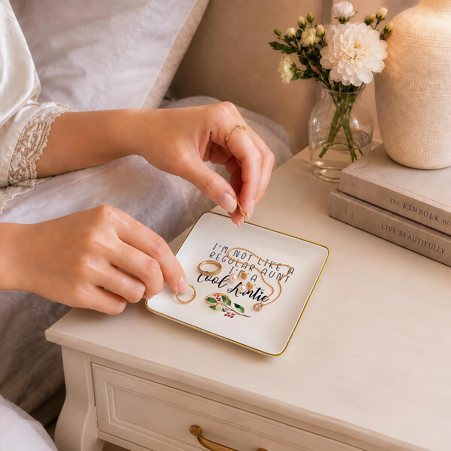 Topthink Mothers Day Gift for Aunt-Ceramic Jewelry Tray,Trinket Holder,Ring Dish-I Am Not Like a Regular Aunt I Am A Cool Auntie-Best Aunt Ever-Birthday Christmas Gift for Auntie image 2