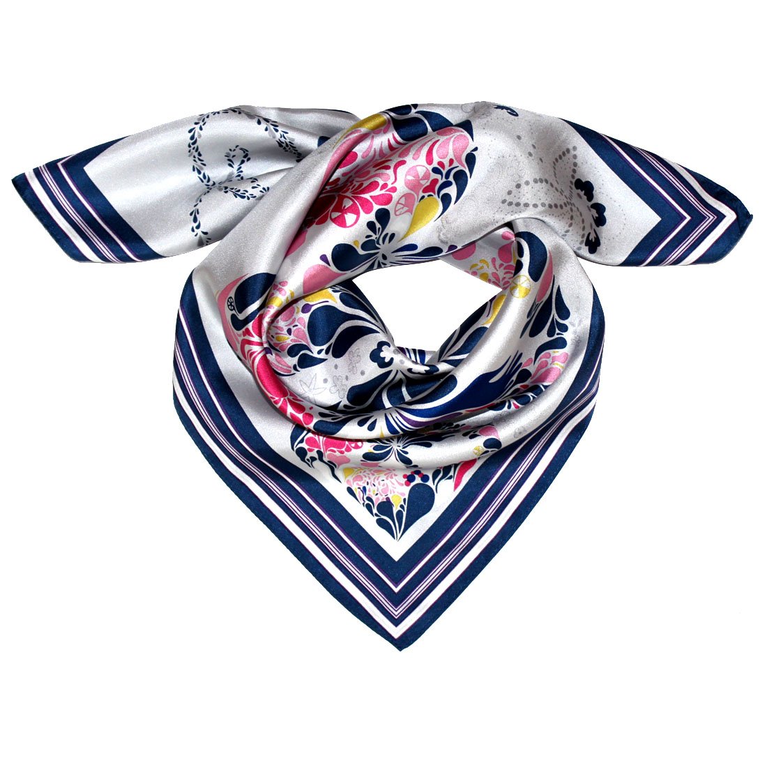 LORENZO CANA Foulard pour la femme – écharpe de 100% soie pour le printemps et l´été, carré avec les mesures de 70 x 70 cm – une sensation de luxe en bleu foncé gris rose jaune blanc