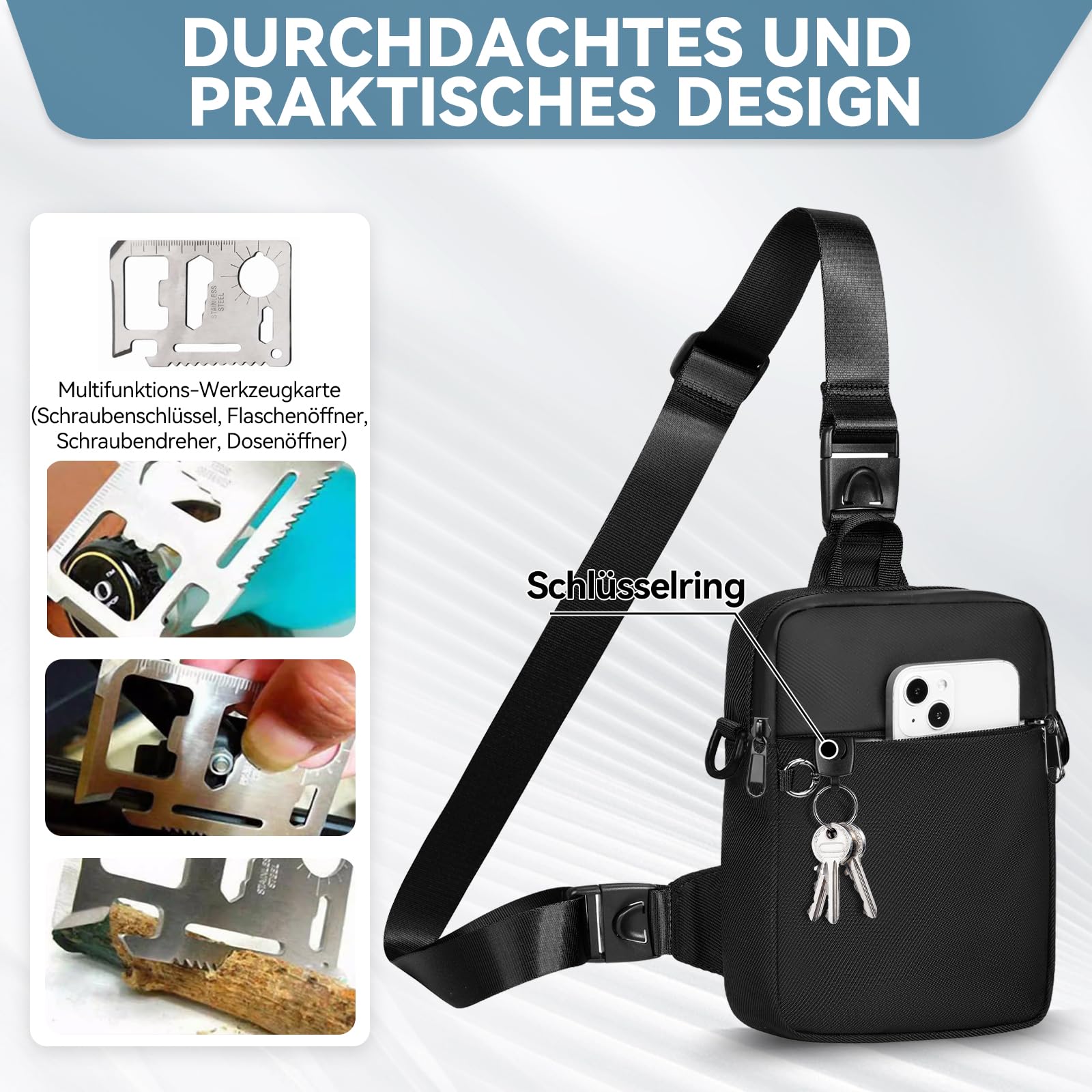 Eshow Umhängetasche Herren Damen, Anti-Diebstahl Brusttasche Schultertasche Wasserdicht Klein, Crossbody Sling Bag mit RFID-Schutztasche und Sicherheits-Reißverschluss für Reisen Outdoor Schwarz