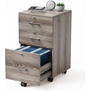 VINGLI 3-Drawer File Cabinet with Lock, Wood Rolling Filing Cabinets for Home Office, Mobile Printer Stand, Under Desk File Organizer for Letter Sized Files, 26" H(Caster Included),Gray Oak