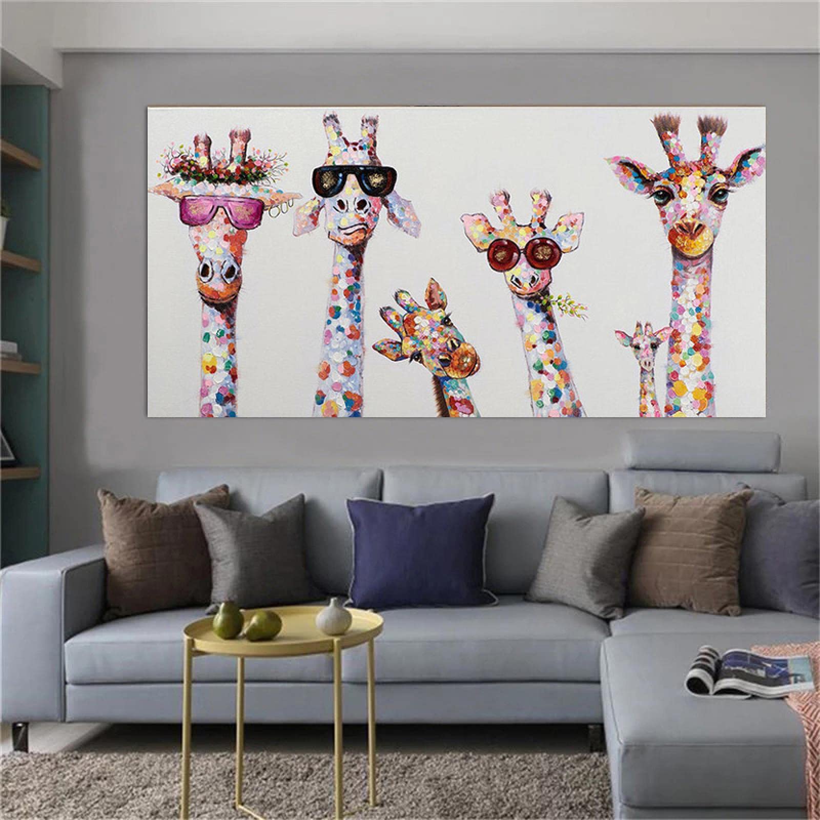 Graffiti Kunst Tier Leinwand Malerei Neugierige Giraffen Familie Poster Drucke Malerei Kunstwerk, Giraffe Wandkunst 80x162cm (31x64in) Mit Rahmen