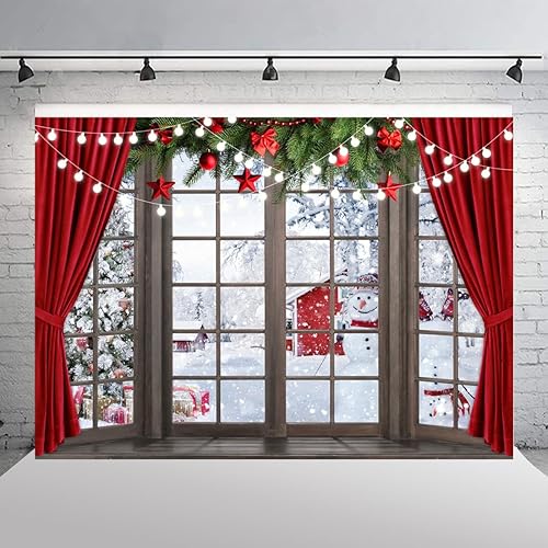 Miniatura 4 de Telones de fondo de fotos de Navidad para fotografía, ventana de invierno, fondo de escena de nieve, árbol de Navidad, cortina roja, regalos para