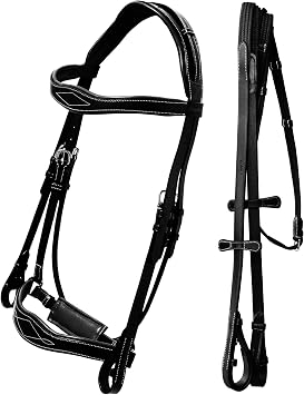 Exion Horse Dressage Bridle with Web Reins | Broad Anatomic Crownpiece, Crank Noseband & Browband & Reins with Hand Stoppers | Dressage Bridles for Horses