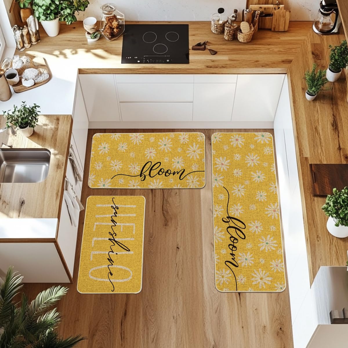 Artoid Mode Yellow Daisy Hello Sunshine Bloom Spring Kitchen Mats Set of 3, Home Decor Low-Profile Kitchen Rugs for Floor - 17"x29"+17"x36"+17"x47"