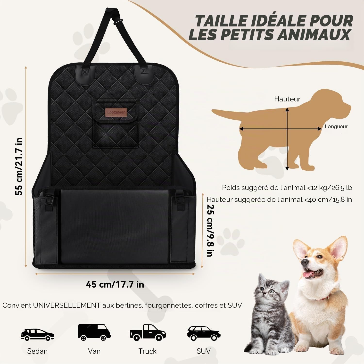 Siège Auto Chien Sécurisé Imperméable et Anti-Griffes, Filet de Rangement et Ceinture Sécurité Adjustable, Installation Facile sur Siège Passager pour Chiens de Petite et Moyenne Taille, Noir