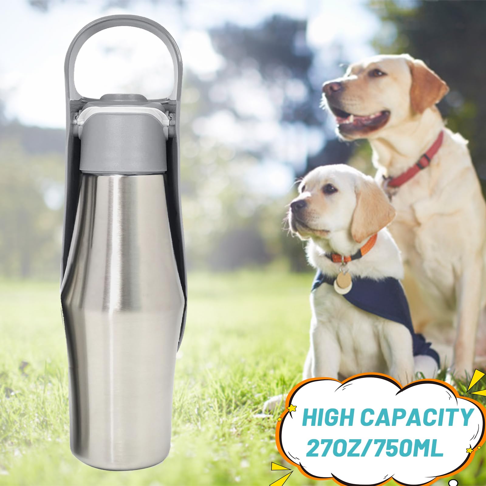 Botella de Agua para Perros Portátil, ZoneYan 750ml, Dispensador de Agua para Perros de Acero Inoxidable, Botella de Viaje para Caminar para Perros (Gris)