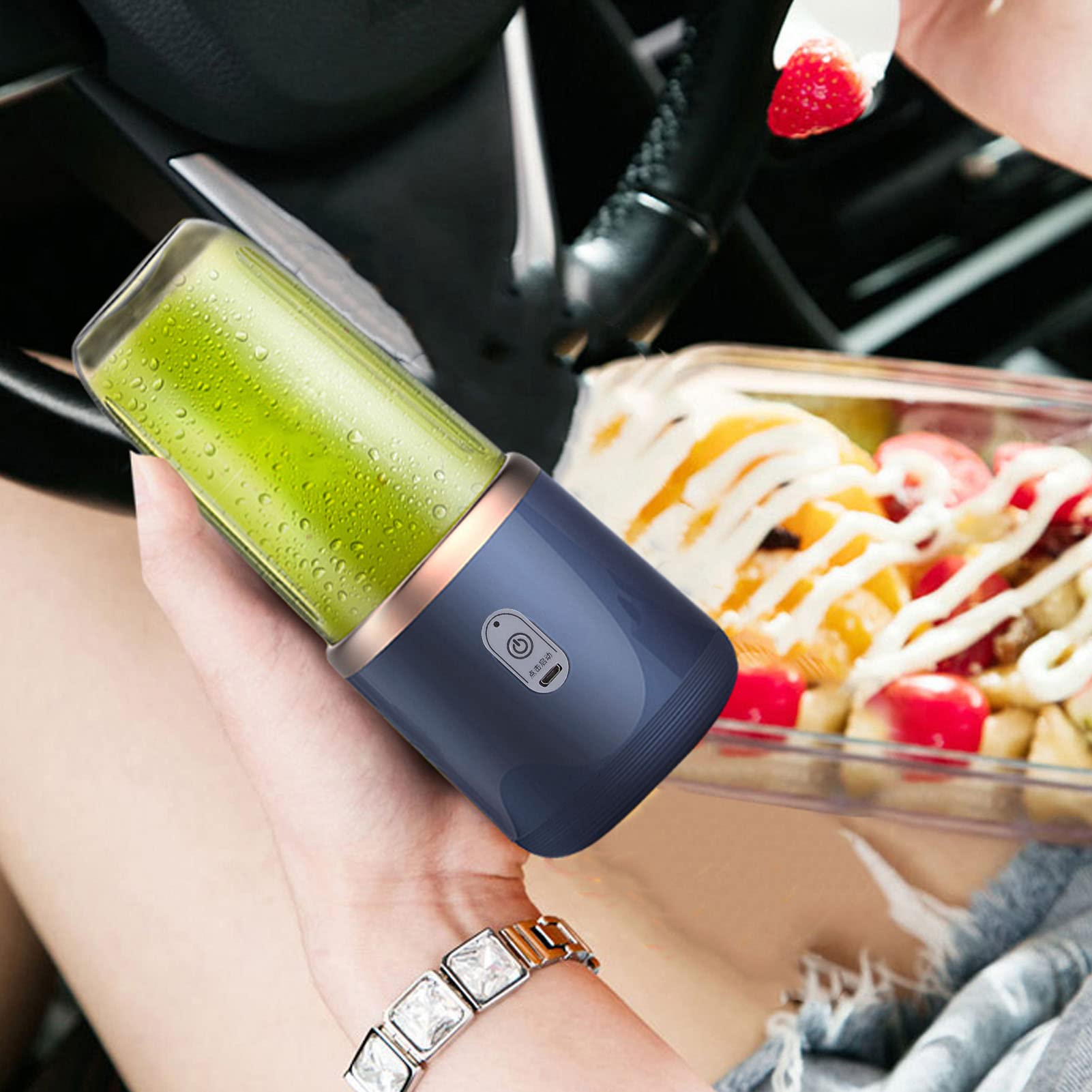 Wakects mini blender elektryczny, 300 ml przenośny sokowirówka sokowirówka butelka 1200 mAh ładowanie USB z pokrywką 6 ostrzy do mielenia (niebieski, 6 ostrzy, pokrywka)