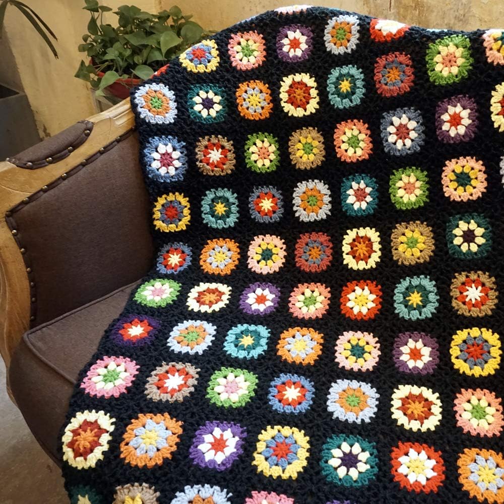 Handmade Crochet Throw Blanket Granny Blanket Sweater Style Year Round Gift Indoor Outdoor Travel Accent Throw for Sofa Comforter Couch Bed Recliner Living Room Bedroom Decor 59" x39" (Black)