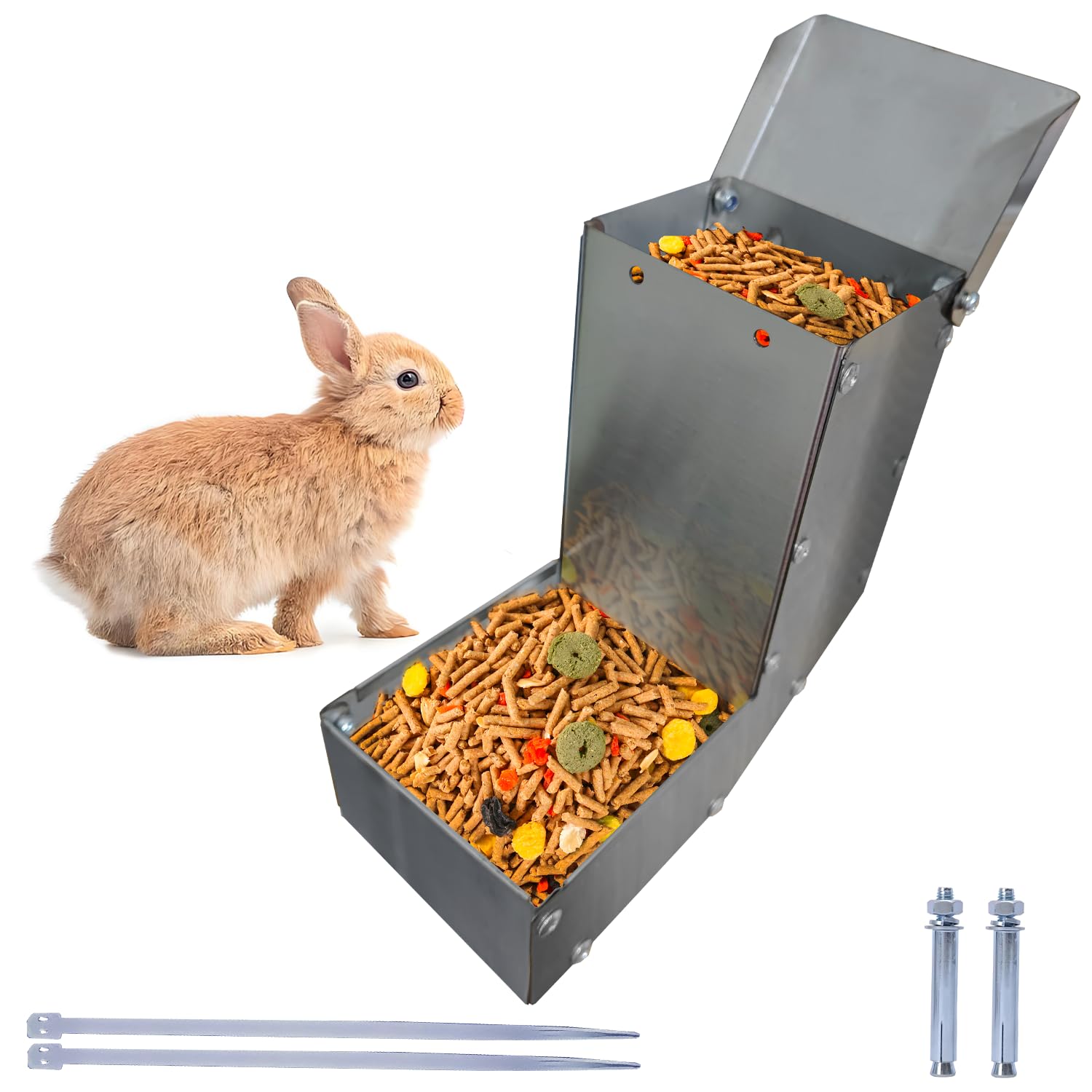 Outdoor Small Animal Stainless Steel Gravity Feeding Trough Pet Feeder Durable with Lid Cage Rabbit Feeder Holds Several Days Worth of Food (4 Inch