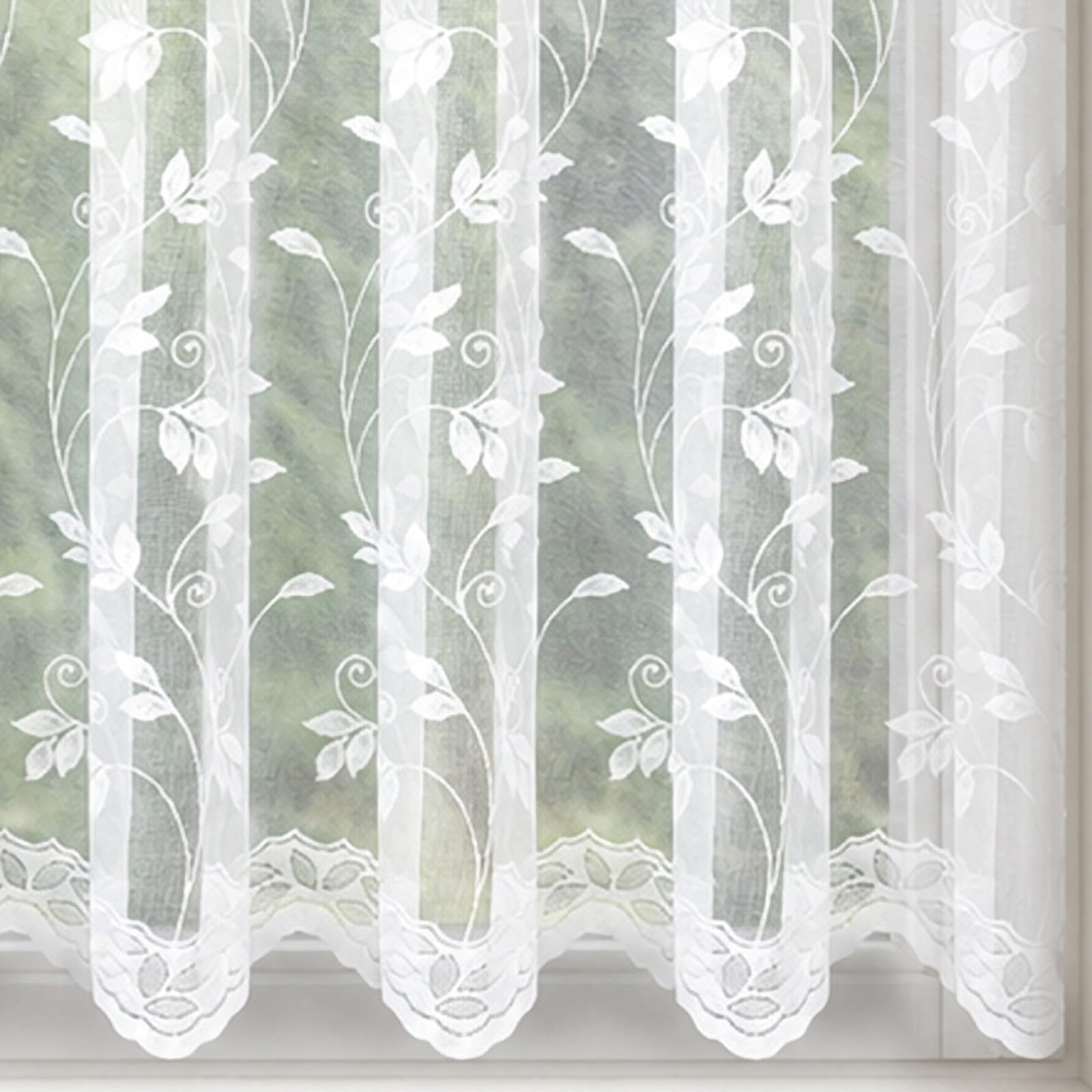 81" (206cm) Drop - Floriana White Floral Vine And Leaf Lace Net Curtain With Scalloped Hem - Choose Your Design - Sold By The Metre - Supplied In One Continuous Piece - Slot Top