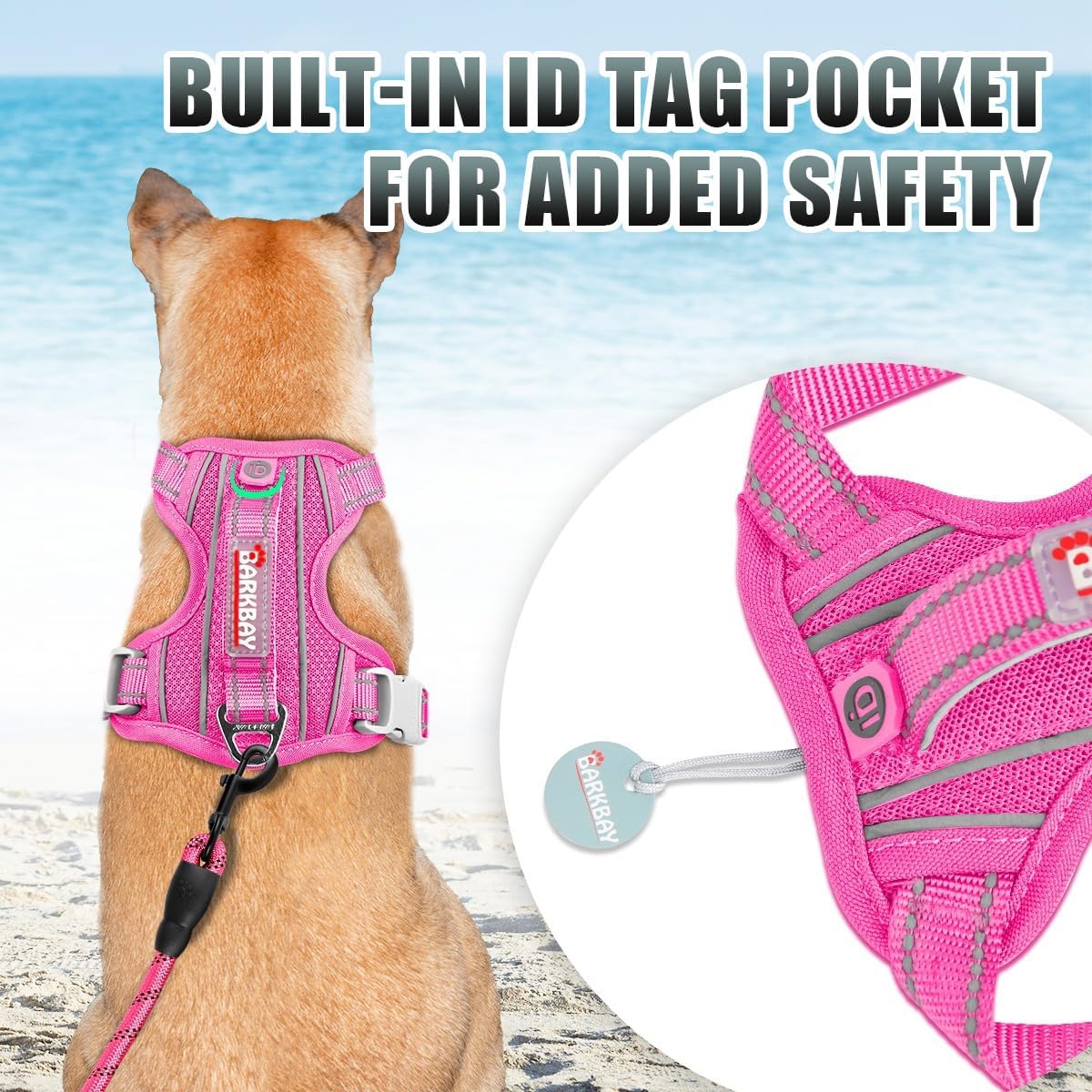 BARKBAY No Pull Dog Harness Large Reflective Dog Harness with Front Clip and Easy Control Handle for Walking Training Running with ID tag Pocket(Pink,L) - Image 2