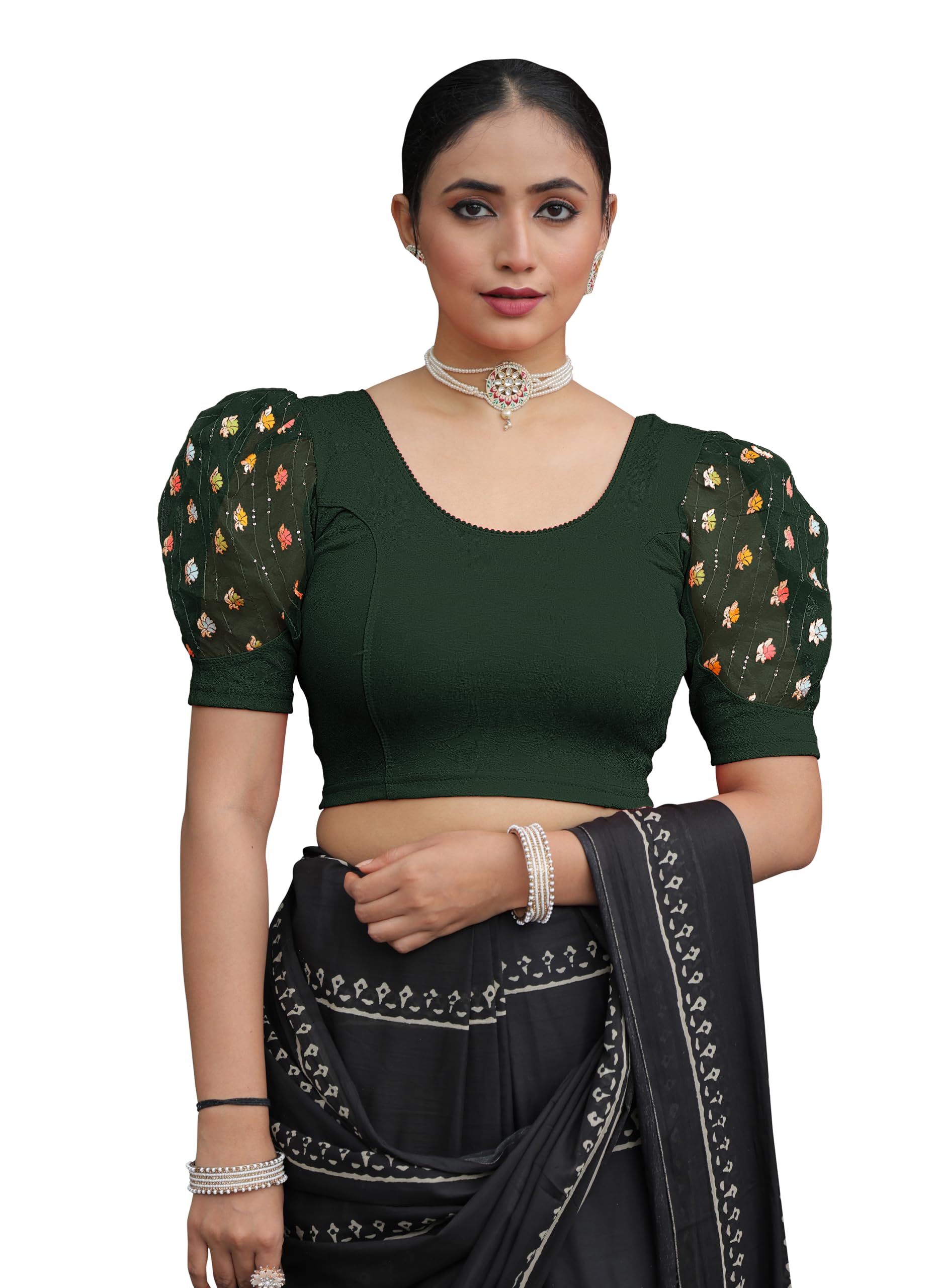 amazon brand - anarva Round Neck Lycra Stretchable Puffed Elbow Sleeve Readymade Saree Blouse for Women Stylish-picture-33