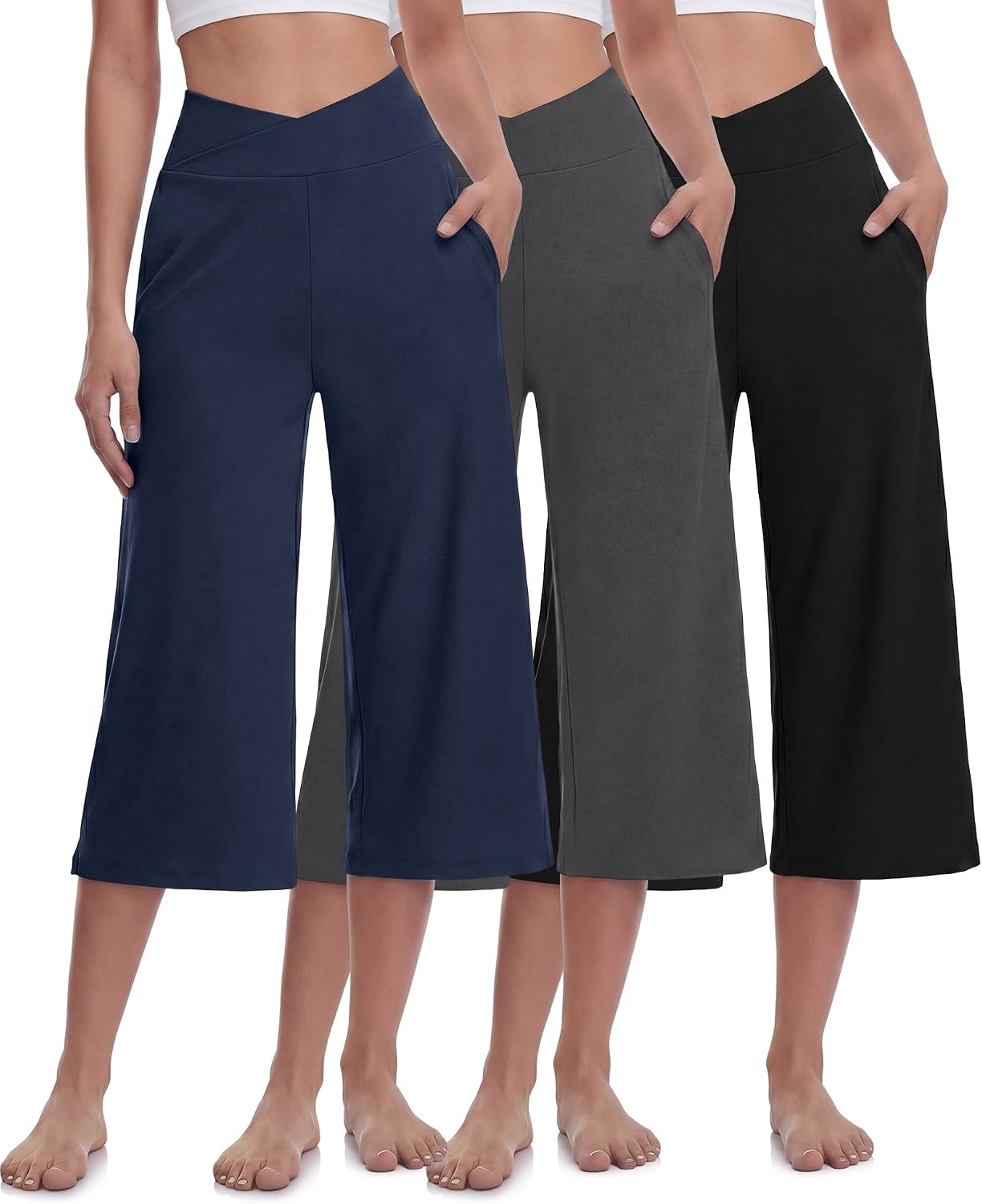 Cutecrop 3 Pack Capri Pants for Women Wide Leg Plus Size High Waist Yoga Sweatpants with Pockets Causal Loose Lounge Pants