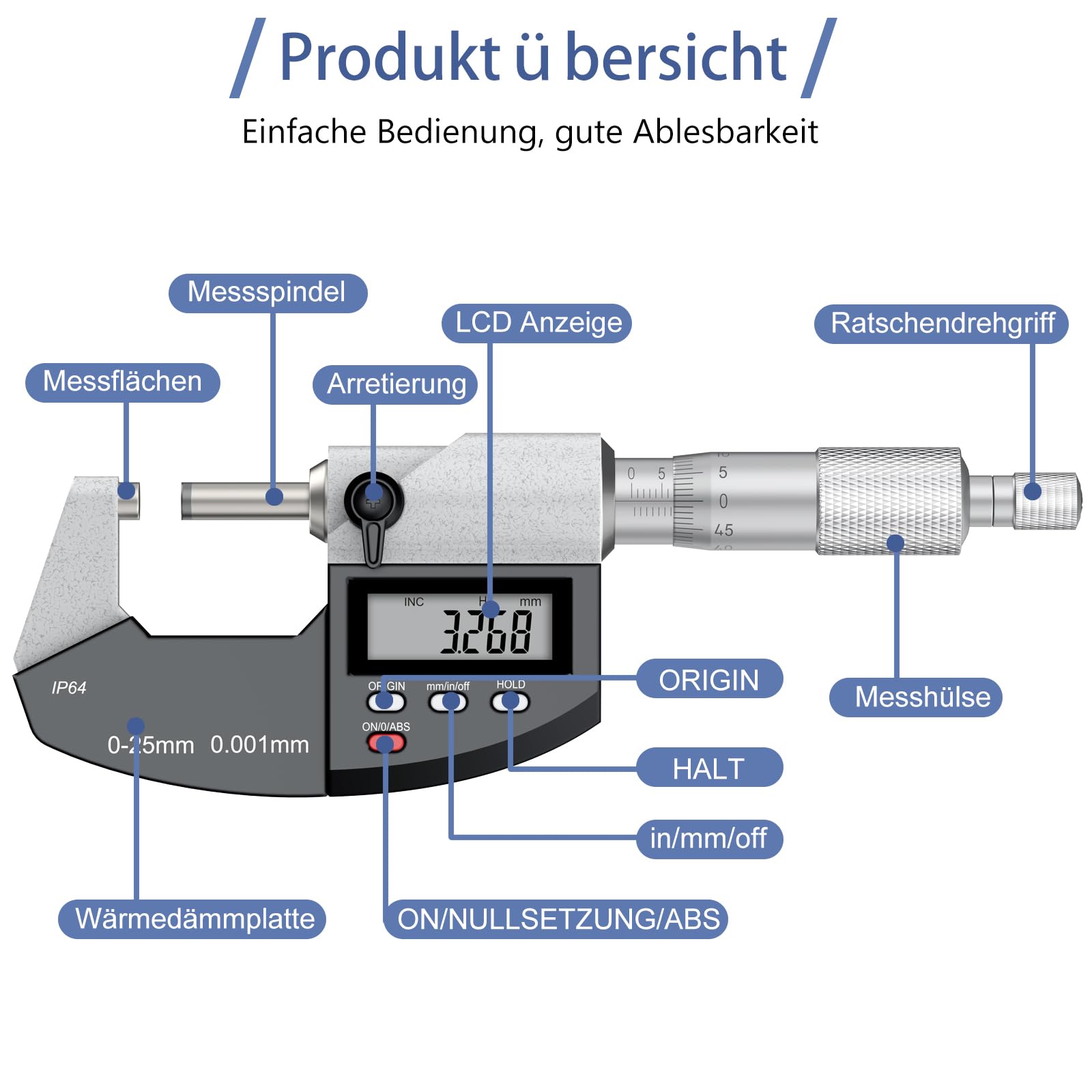 Digitale Bügelmessschraube 0-25 mm, Digital-Mikrometer Auflösung 0,001 mm, Zoll/mm-Umschaltung, Präzision 0,003 mm Genauigkeit, Dual-Mode-Mikrometer großes LCD-Display mit Schutzhülle.