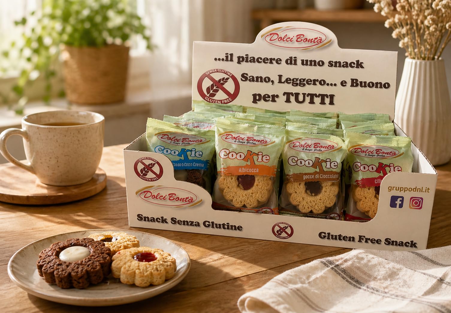 Biscotti Senza Glutine Monoporzione 28 Pezzi da 40g Assortiti 4 Gusti Giandui Albicocca Ciliegia Crema Latte Snack Dolce Box Espositiva Pratica per Casa Ufficio e Bar