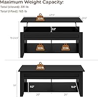 Vista 3 de Yaheetech Mesa auxiliar negra, mesas de centro elevables con compartimento de almacenamiento oculto y estante abierto, mesa emergente para sala