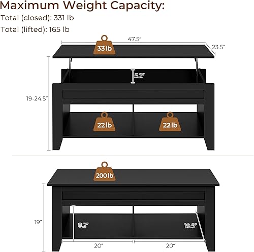 Miniatura 3 de Yaheetech Mesa auxiliar negra, mesas de centro elevables con compartimento de almacenamiento oculto y estante abierto, mesa emergente para sala de
