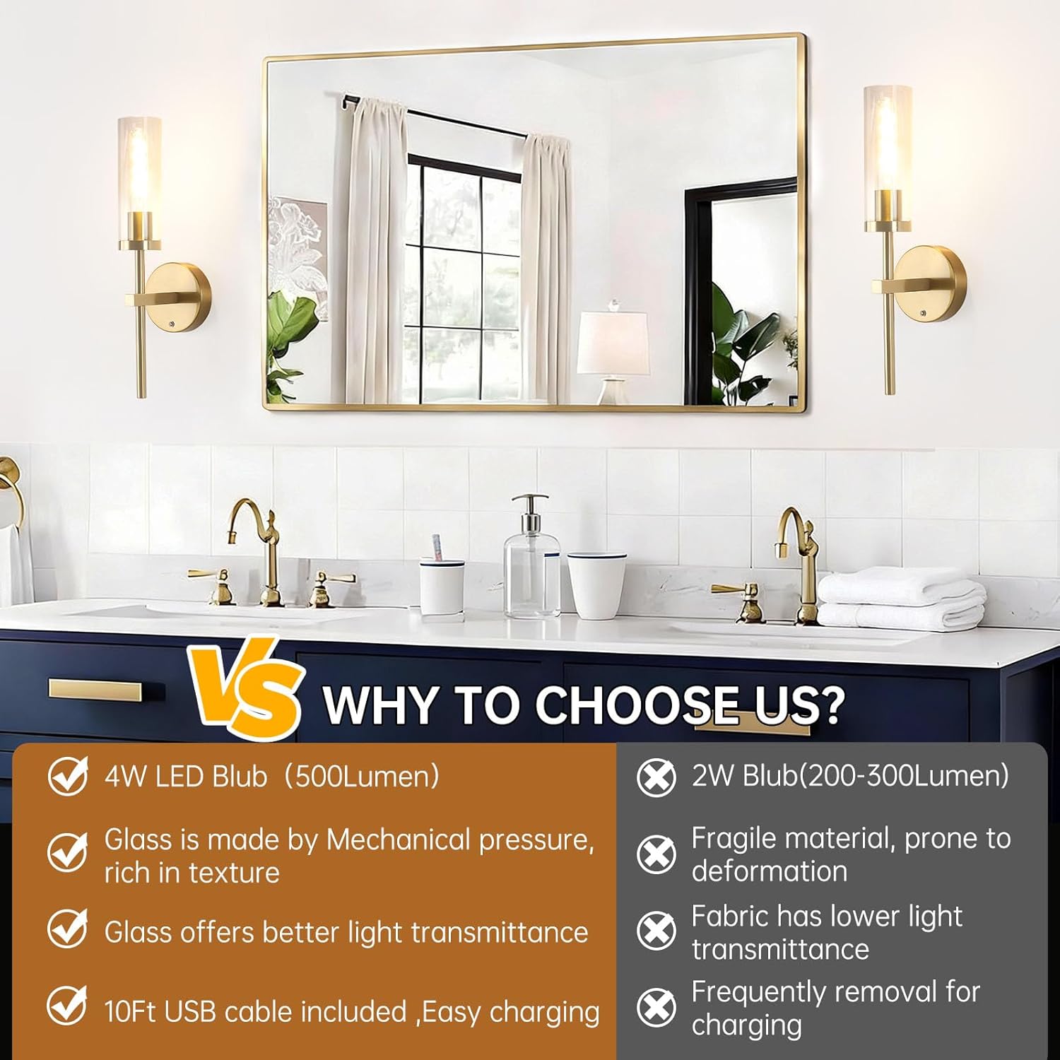 Shenmoyl Battery Operated Wall Sconces Set of 2, Gold Rechargeable Wall Lighting Fixtures, Dimmable Wall Lights with Remote & Clear Glass Shade for Living Room, Bathroom,Bedroom