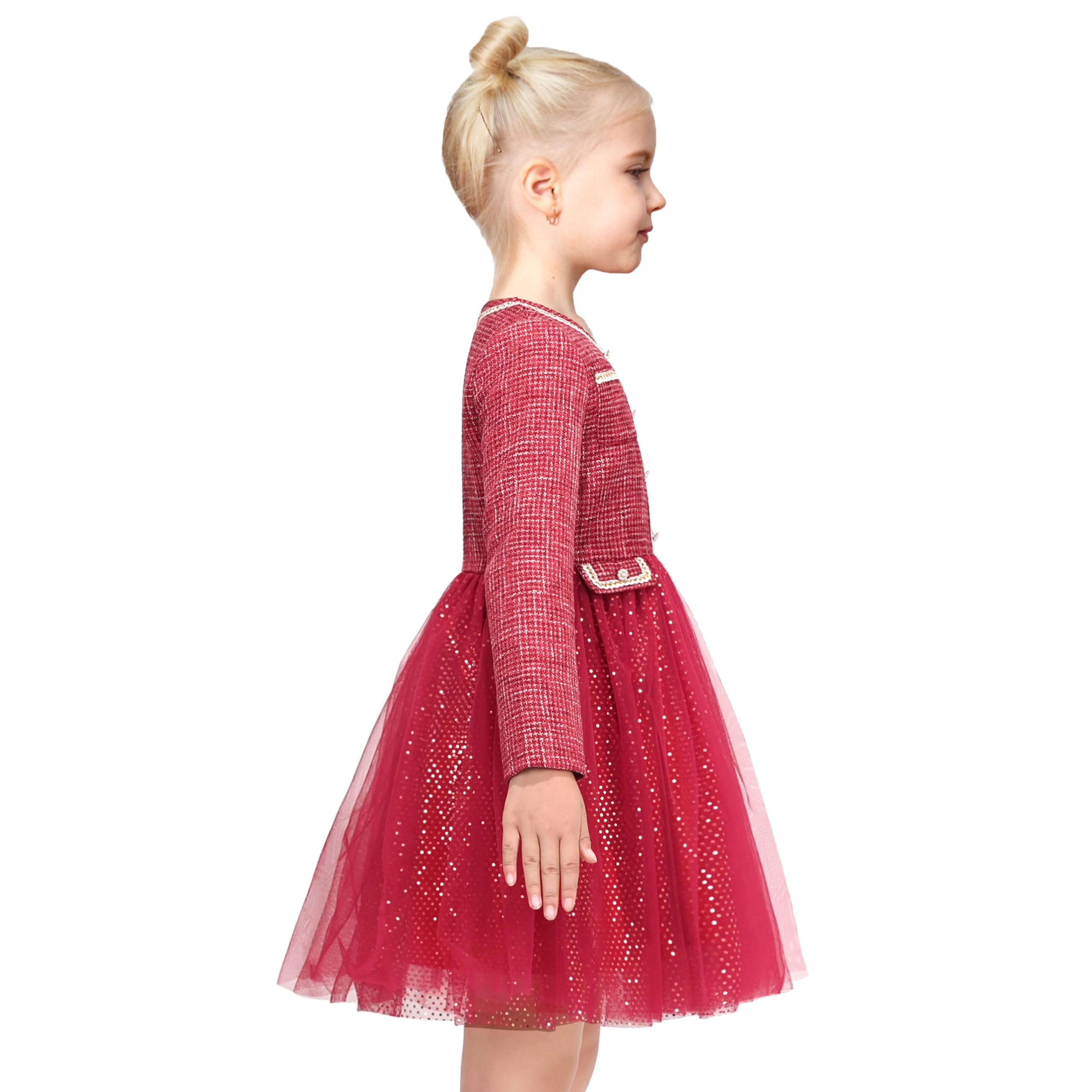 Sunny Fashion Vestito Bambina Beige Crema con Cuore e Farfalla in Paillettes Gonna in Tulle Maniche Lunghe