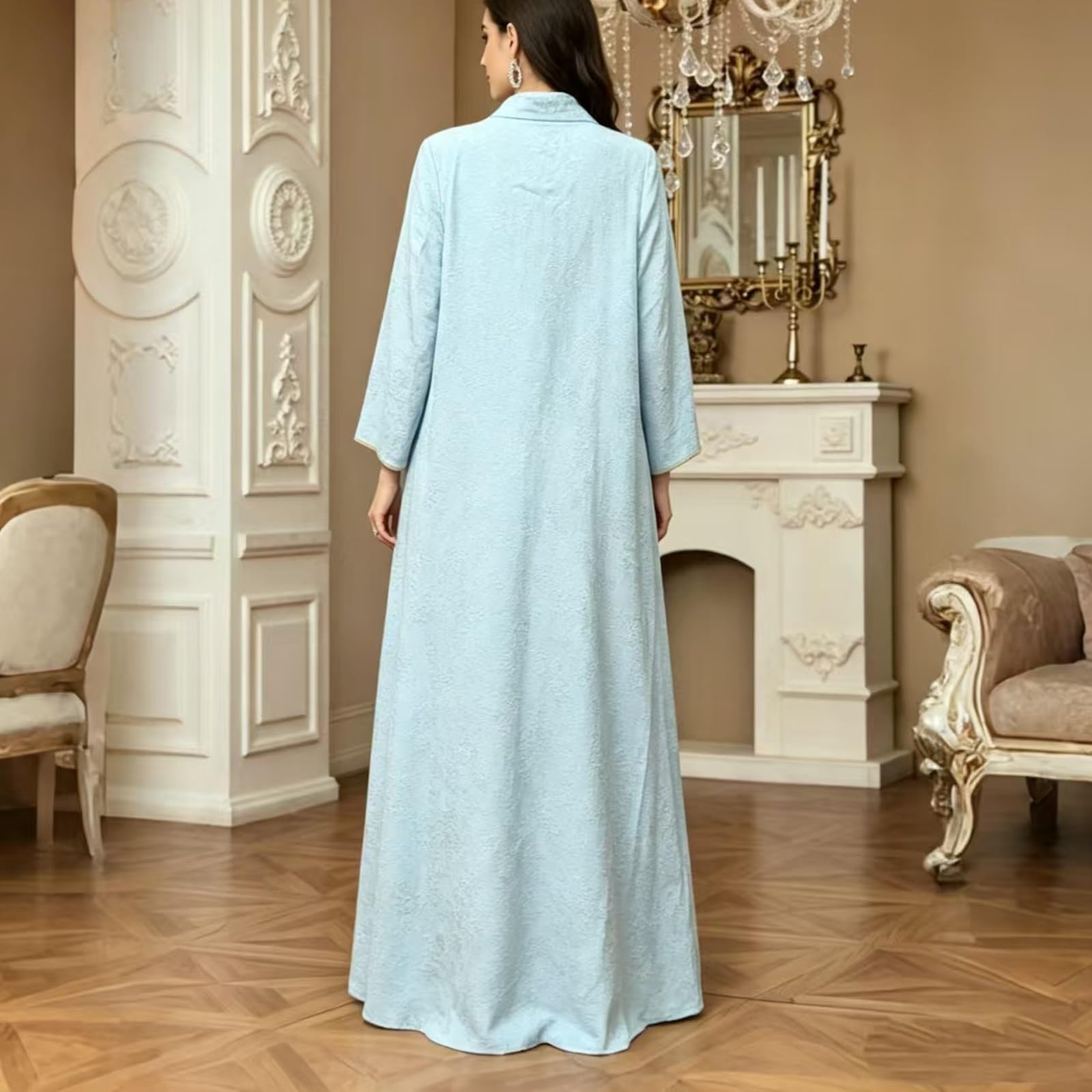 Abito Lungo Goffrato e Testurizzato, con Scollo A V e Ricamo di Paillettes Applicato sul Davanti, per Le Occasioni Festive e Le Feste
