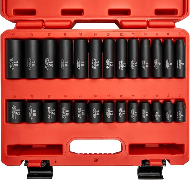 02433A 3/8” Drive Standard and Deep Metric Impact Socket Set | 26 Pieces | Metric 7mm to 19mm | Premium Cr-V Steel | 6-Point Hex Design | Corrosion Resistant Black Phosphate Coating