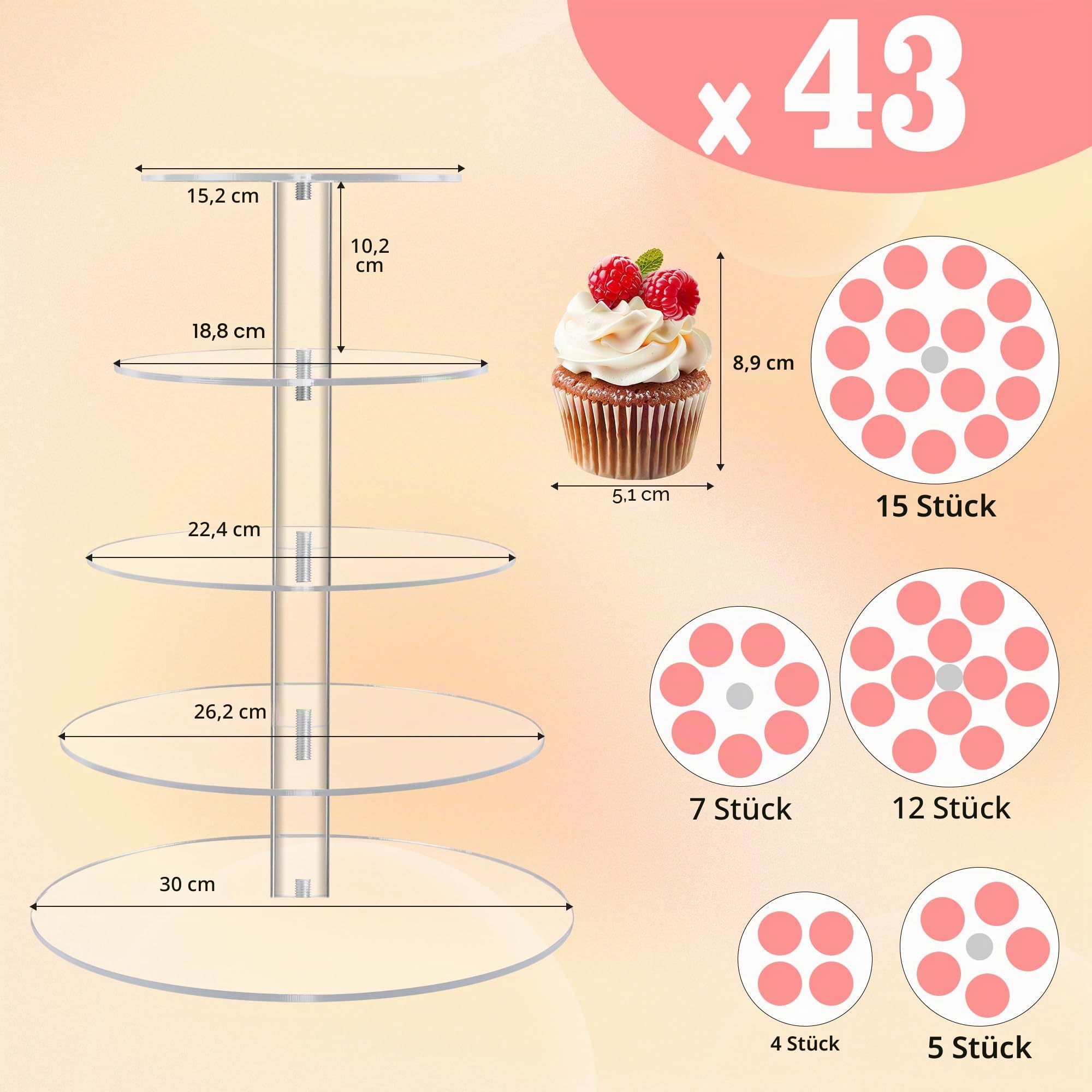 YestBuy 5 Tier Cupcake Stand, Runde Acryl Cupcake Tree Tower, Tiered Cupcakes Display Stand für 50 Cupcakes, Lebensmittel servieren Tablett für Hochzeit Geburtstag Party