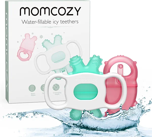 Momcozy Baby Teether Toys, Water Fillable Silicone Cold Baby Teething Toys Chill Teether, Baby Water Teether for Teething Relief 0-12 Months, Green and Pink 2 Pcs