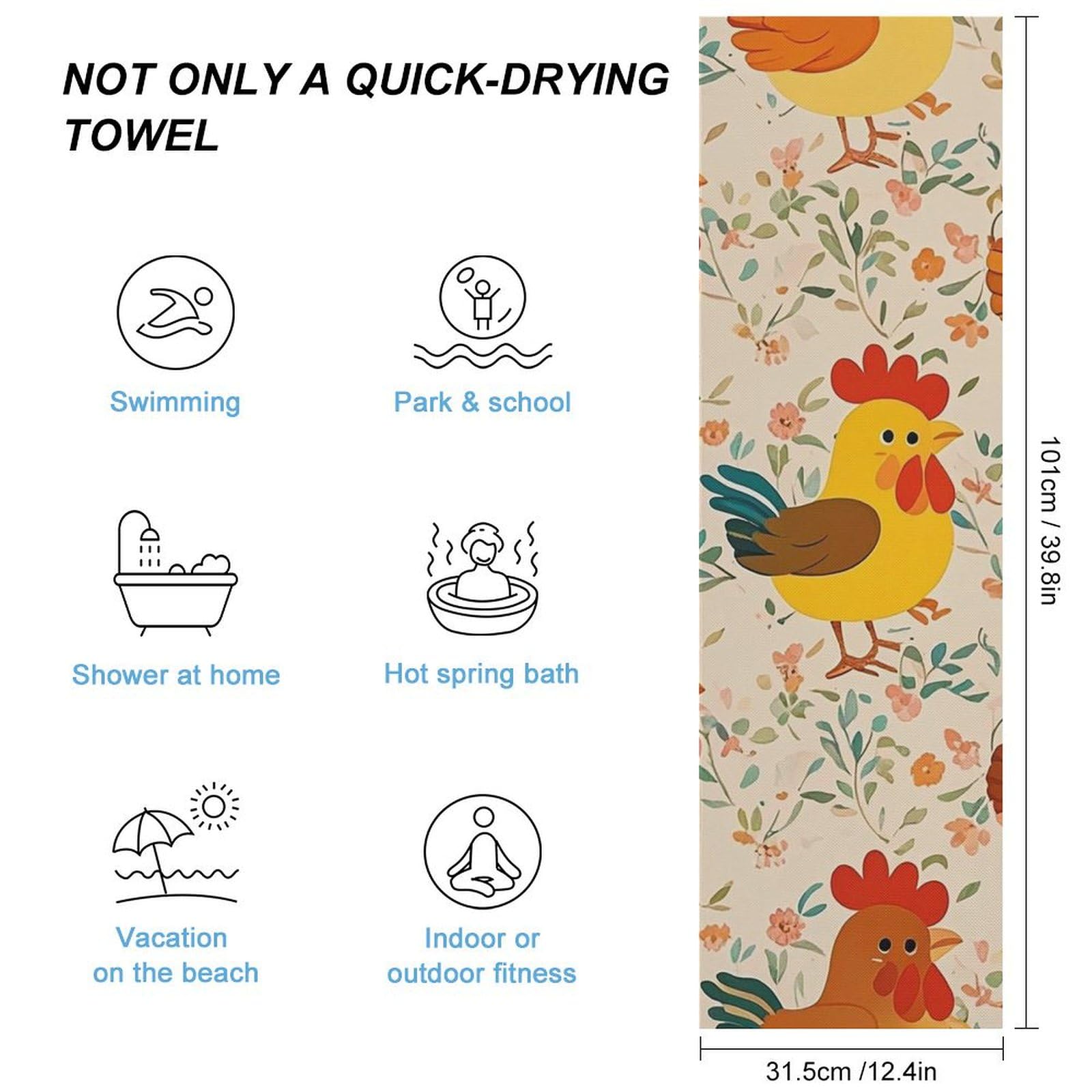 FHESDCW Cute Rooster and Chick Towel Quick Dry Ice Towels for Hot Weather Breathable Camping Towels Sweat Super Absorbent Bathroom Towel for Gym Yoga Pilates Exercise