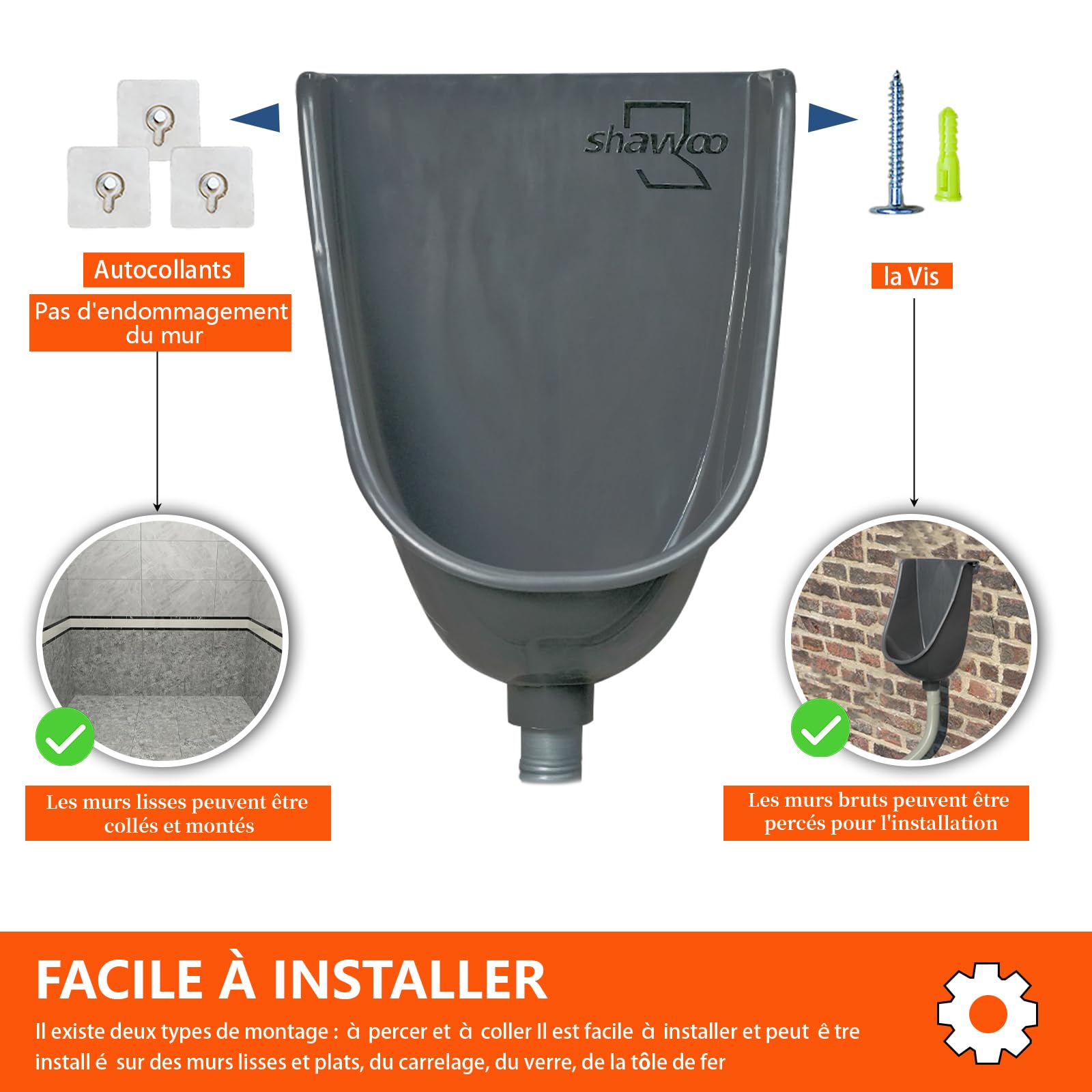 Urinoir sans eau pour garage pour hommes - Urinoirs en plastique pour hommes - Déviateur d'urine pour toilettes - Urinoir extérieur - Urinoirs murales pour hommes pour salle de bain, installation sans