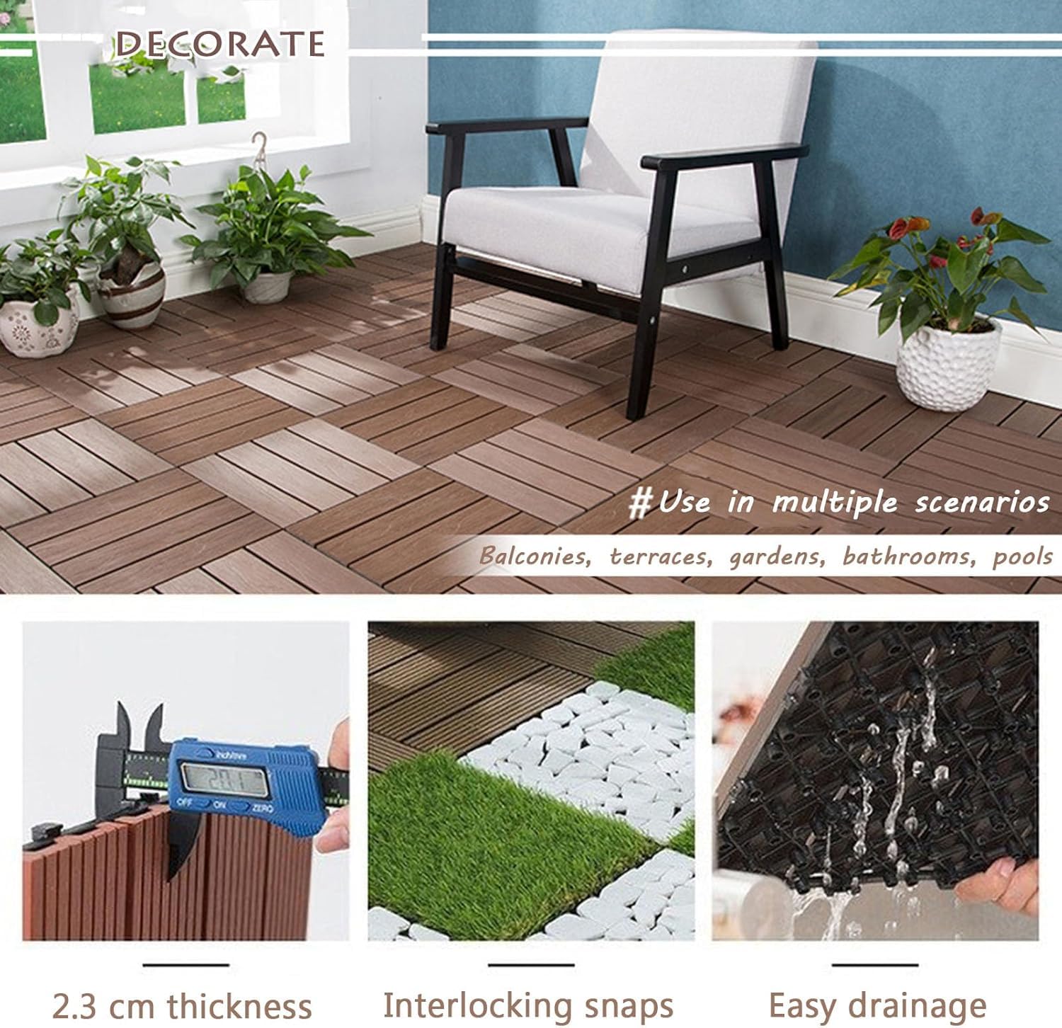 Dalles et lames de terrasse en composite, Tuiles de terrasse emboîtables en bois multicolores, paquet de 10(B-chocolate)