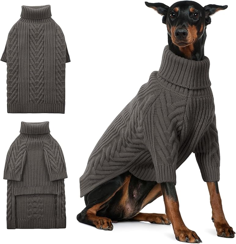 Suéter para Cães Grandes em Veludo Ártico com Gola Alta e Trama Trançada ASENKU — Dark Grey 3XL