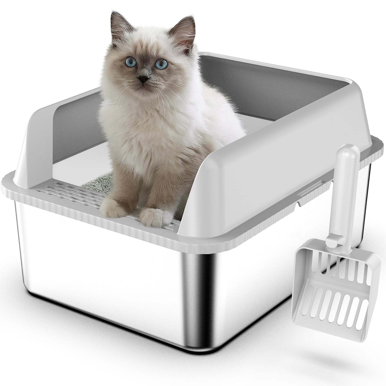 Suzzipaws Stainless Steel Litter Tray with Lid, 17.3”×13.4 ”×9" Kitty Litter Box for Kittens & Small Pets, High Sides Metal Cat Litter Tray for Leak Proof, Easy to Clean, Non-Stick, Odor Control