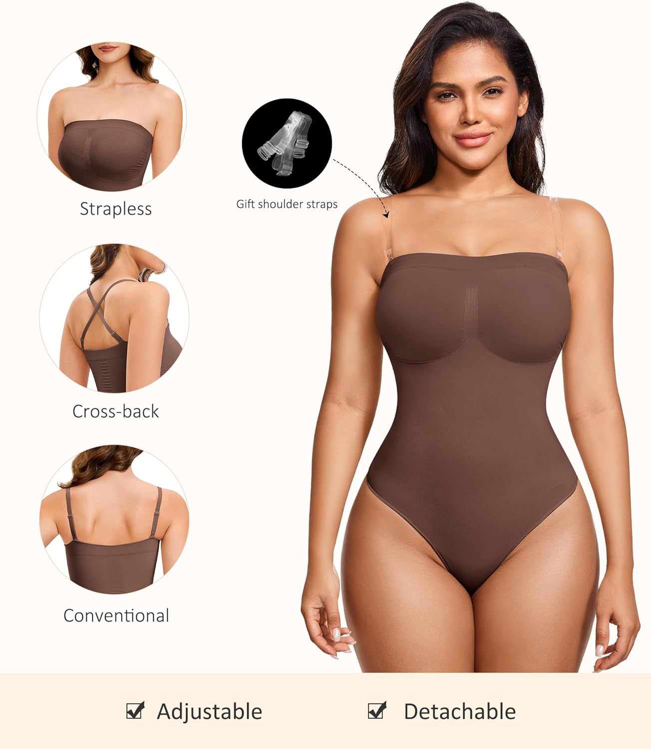 Strapless Thong Bodysuit for Women Seamless Tummy Control Shapewear Body Shaper -Removable Strap Tube Top Leotard - Image 2