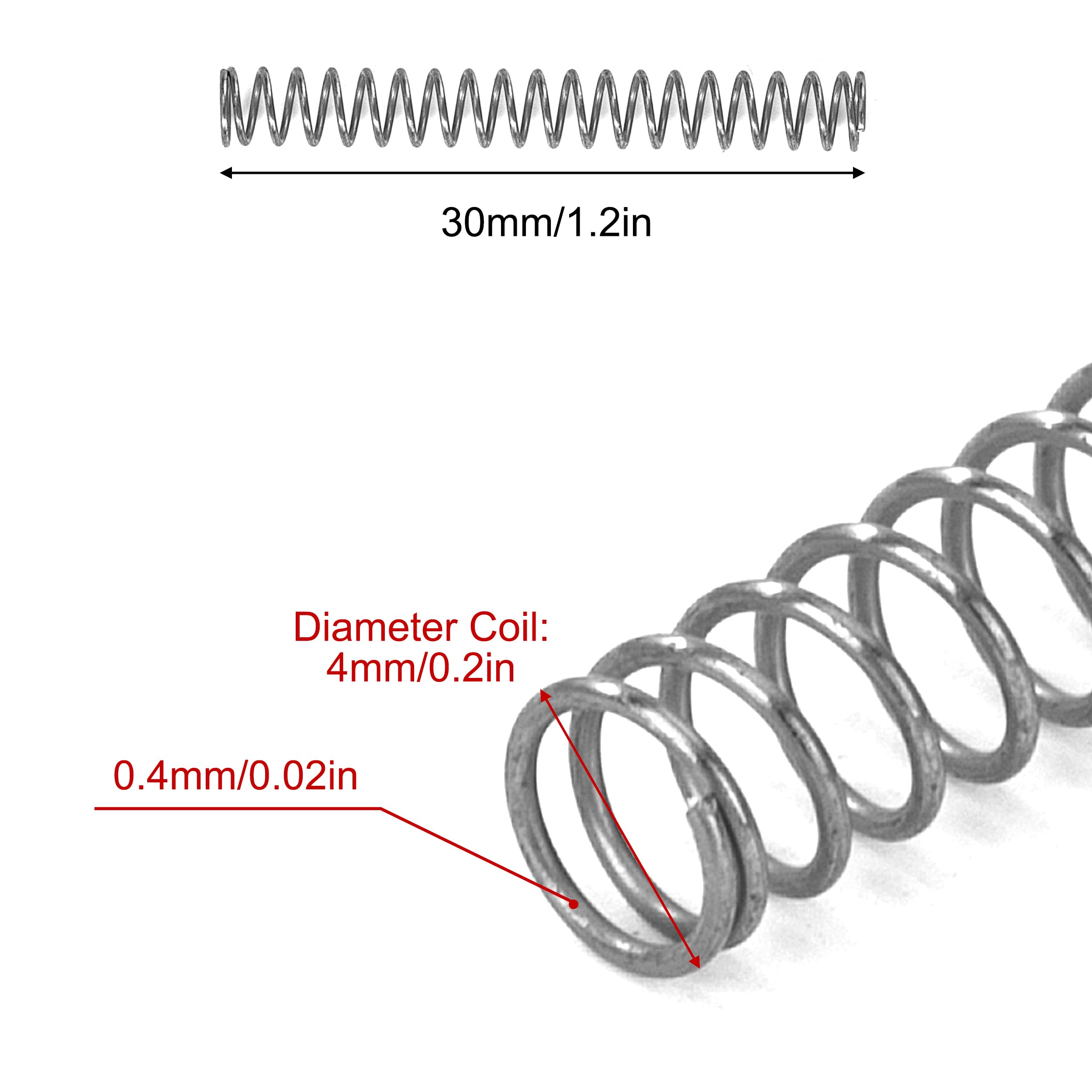 Muelles de Compresión de Acero Inoxidable Resorte 30mm Diámetro Alambre 0,4mm Diámetro Exterior 4mm Fuerza 0,54kg 20 Piezas