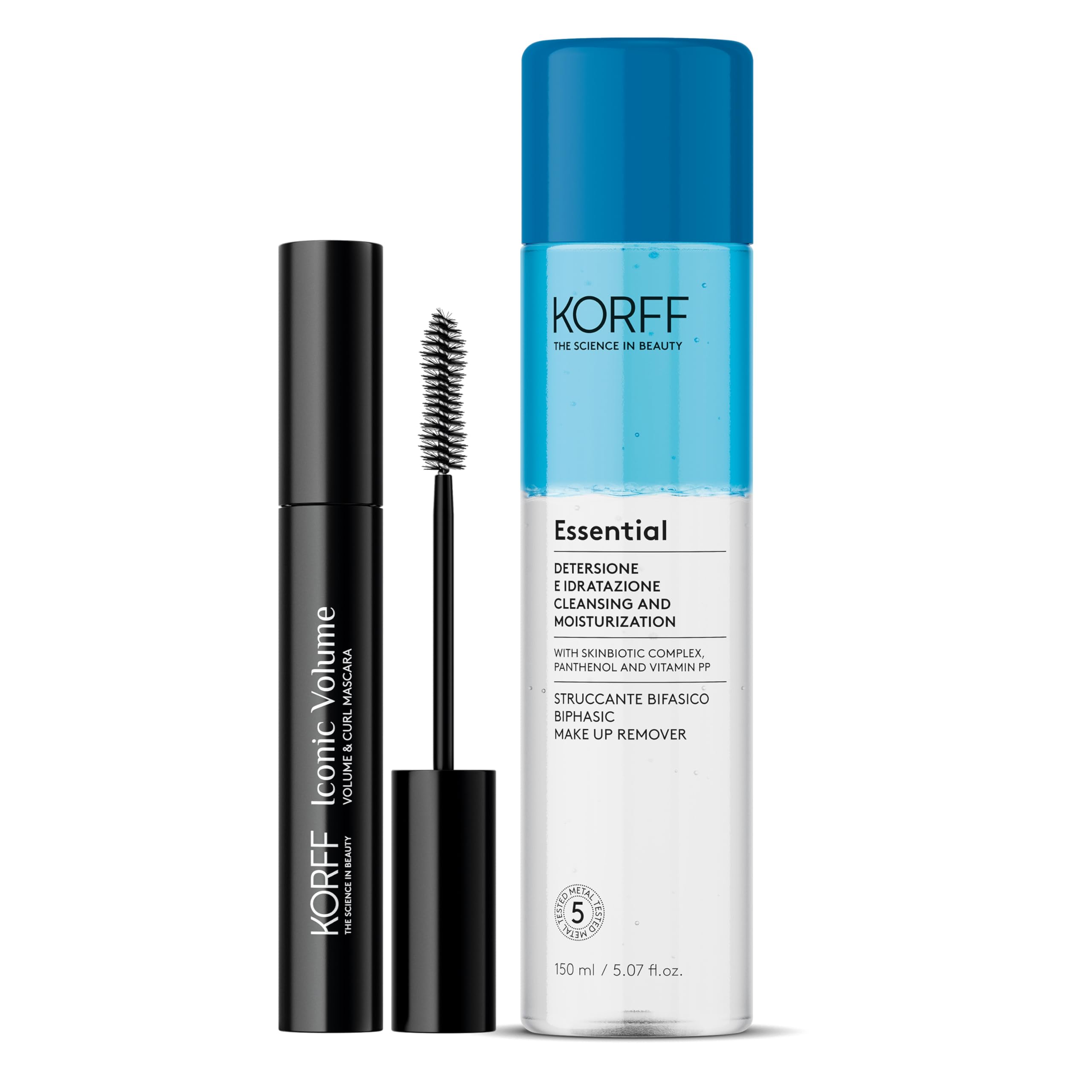 Korff, routine cura degli occhi, con Iconic Volume Mascara e Essential Struccante Bifasico