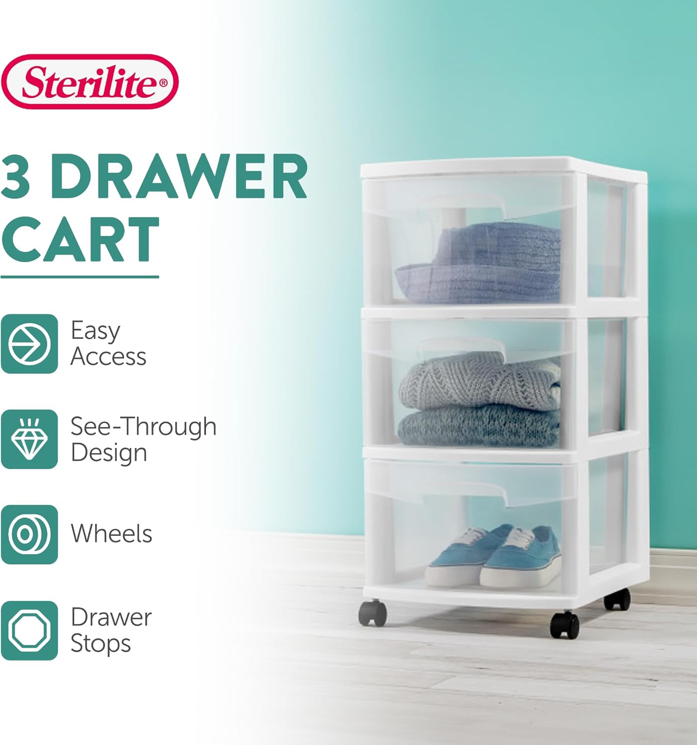 Sterilite 2 Pack Plastic Storage Organizer, 3 Drawer Rolling Bin Cart, Closet Organization, White