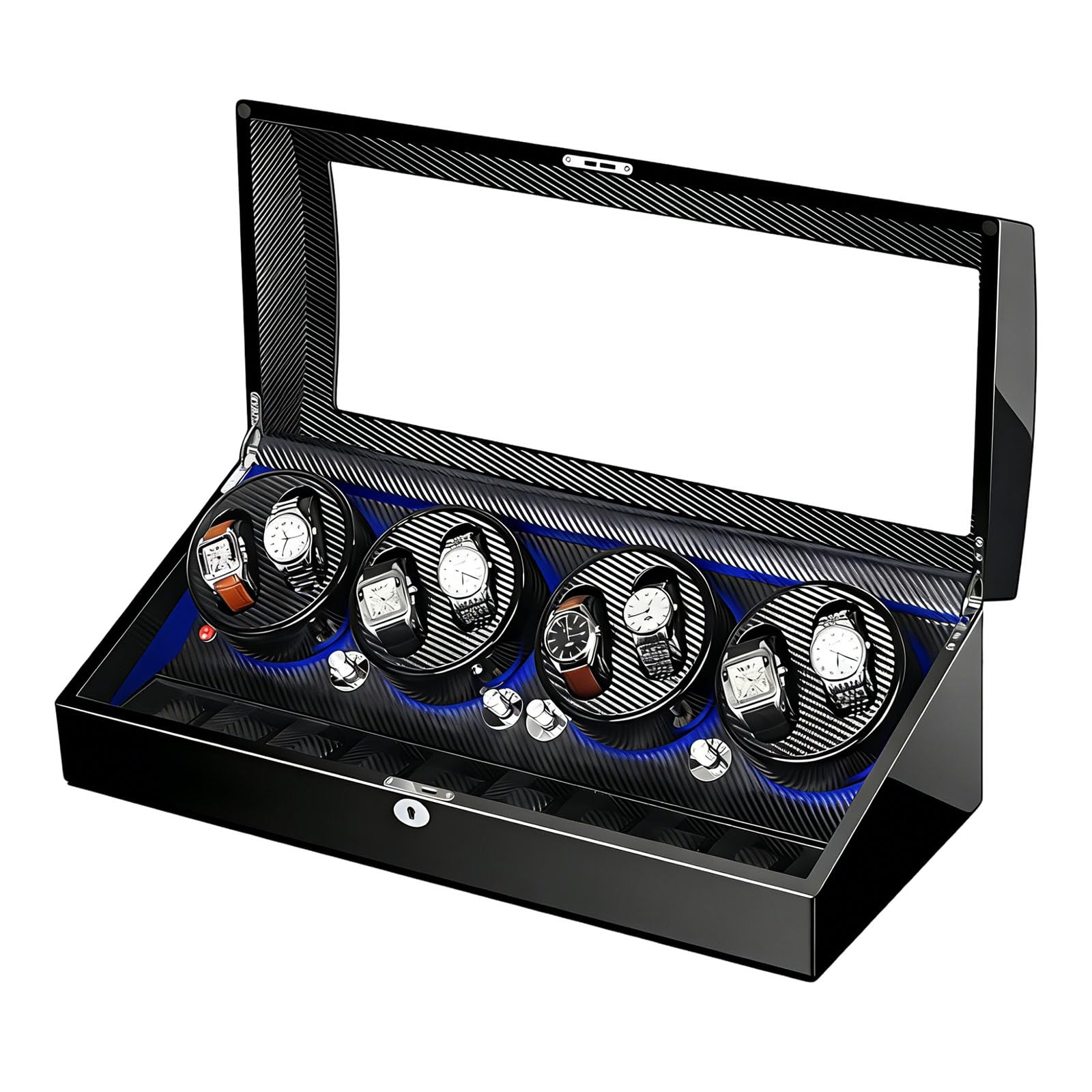 Uhrenaufbewahrung Automatikuhren Automatischer Uhrenbeweger Rotation Bidirektional, Geräuscharmer Betrieb, Große Kapazität 8+9 Uhren, Holz Leder, Uhrenvitrine LED Beleuchtung Black