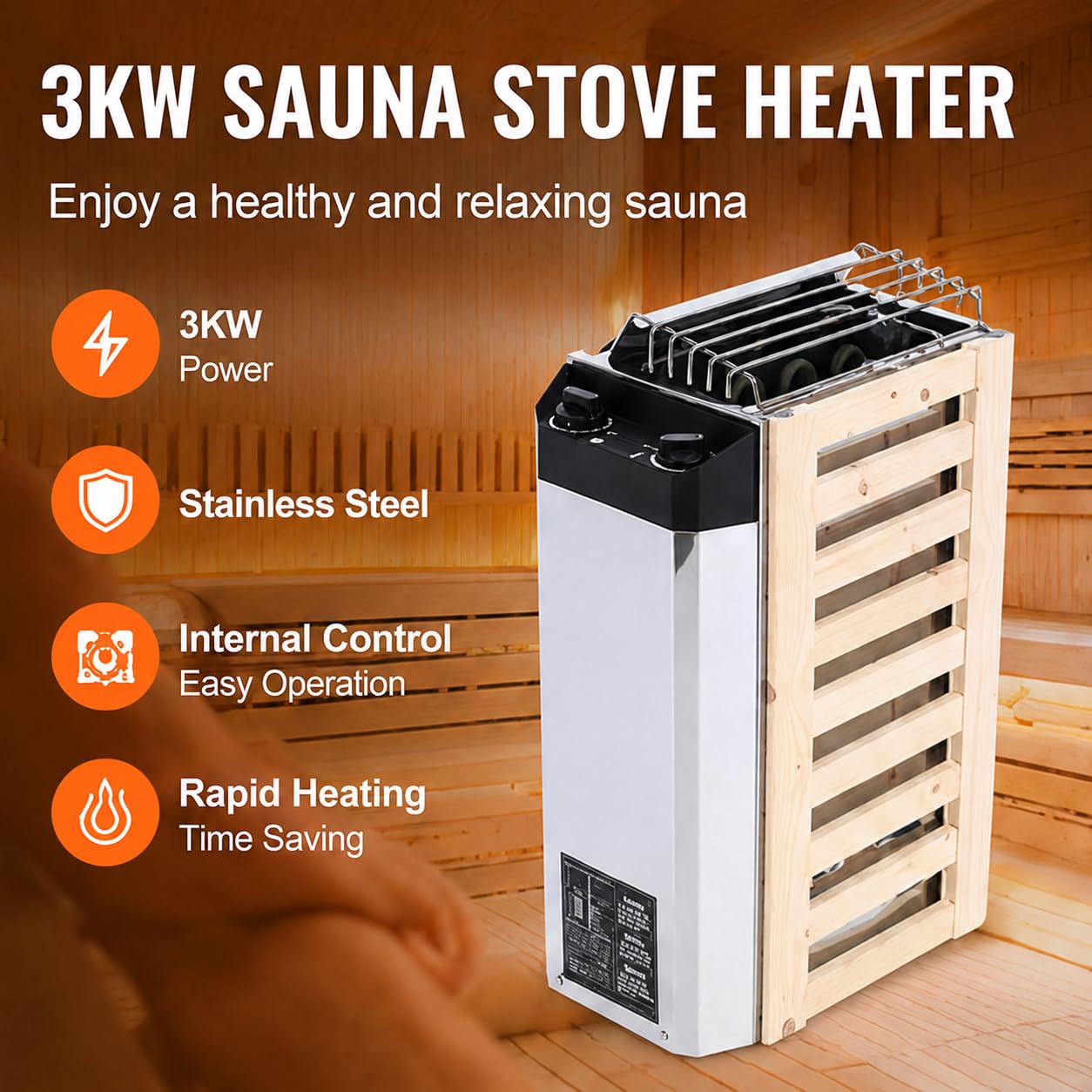 3KW Calentador de sauna Estufa de calefacción de sauna Tipo de control interno Calentador de sauna Estufa de sauna de acero inoxidable Equipo de calefacción de sauna