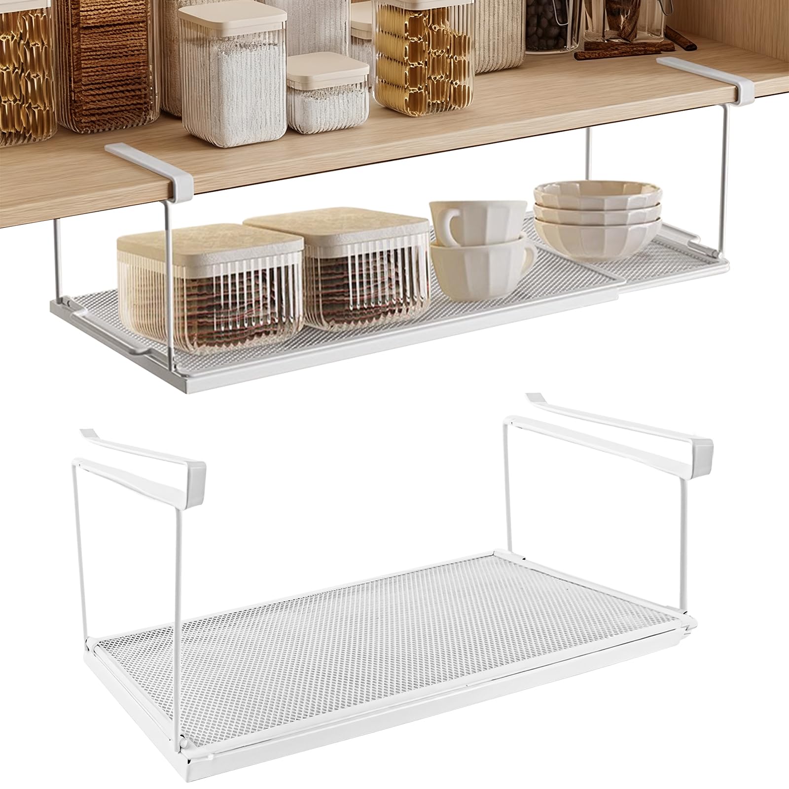 CHENGCKJ Onderrek met verstelbare metalen hangmand van 38-70 cm, organizer, kastmanden, opvouwbaar draadrooster, opbergrek voor keukenkasten, schoenenkasten, kledingkasten (wit