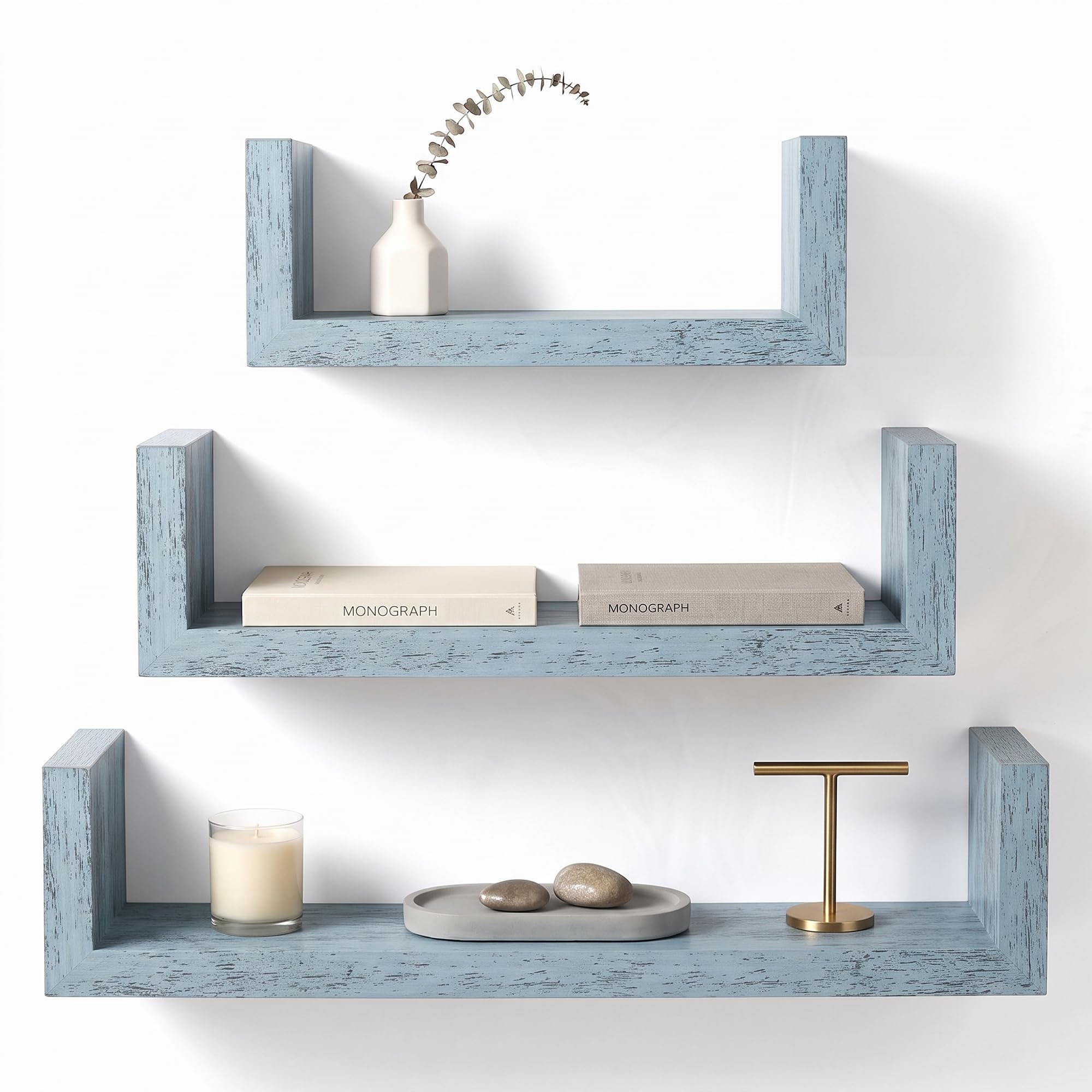 ASAB Floating Wall Shelves - Set of 3 UShaped Display Shelves (Rustic Blue)