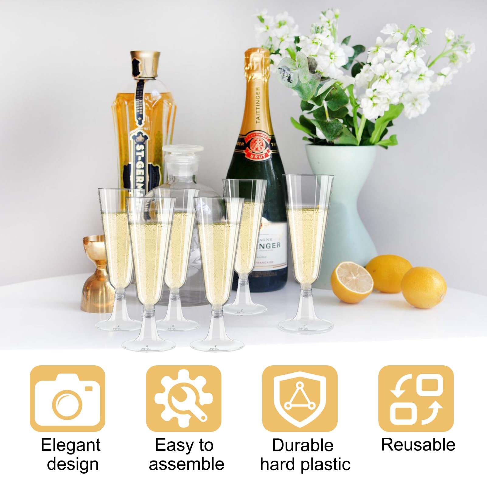 MATANA 48 Plastic Champagneglazen met Gouden Glitter, 133ml - Herbruikbare Champagne Glazen voor Bruiloften, Verjaardagen, Kerstmis & Feesten - Elegante Plastic Glazen voor Cocktails, Dessert